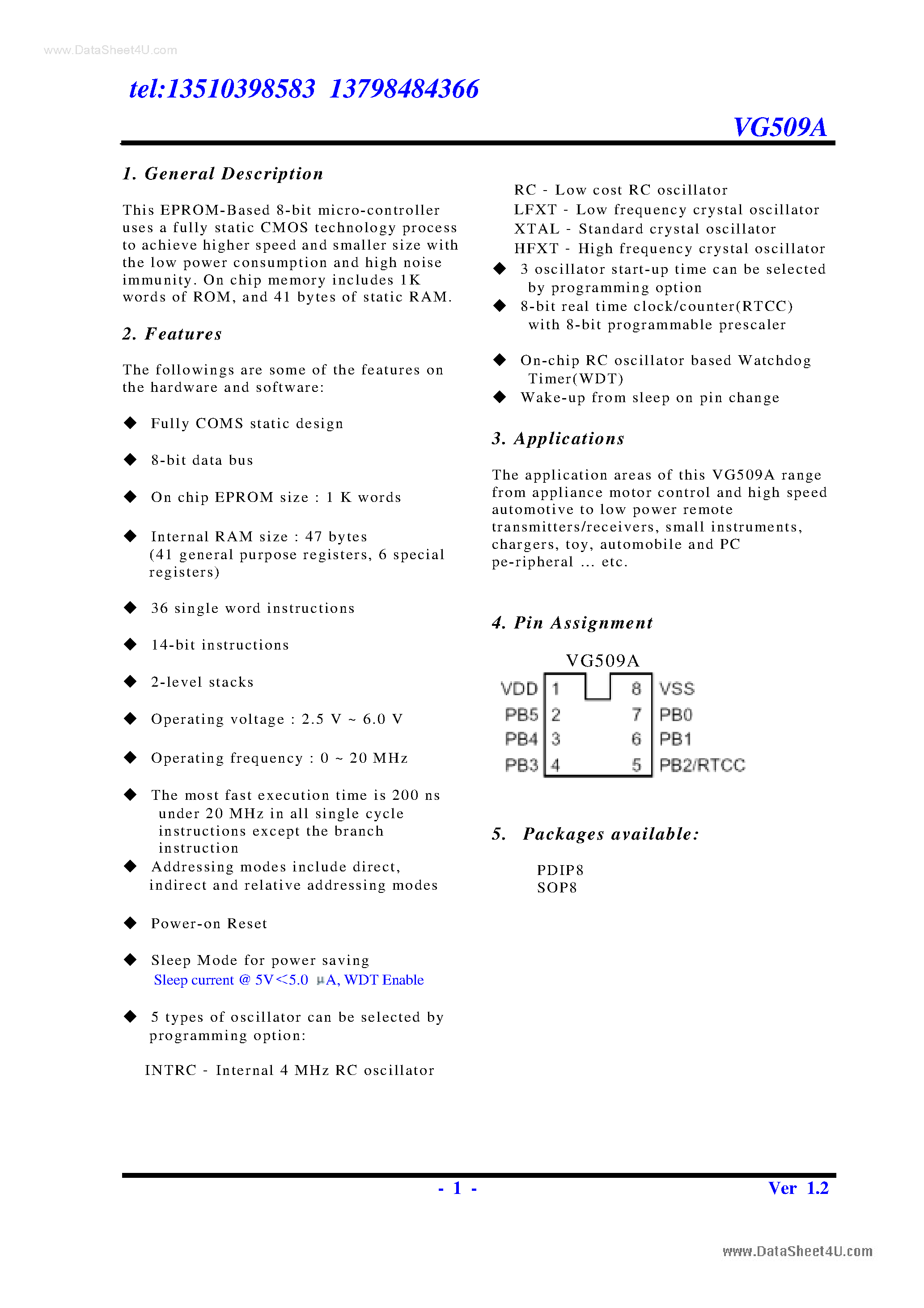 Даташит VG509A - EPROM-Based 8-bit micro-controller страница 1