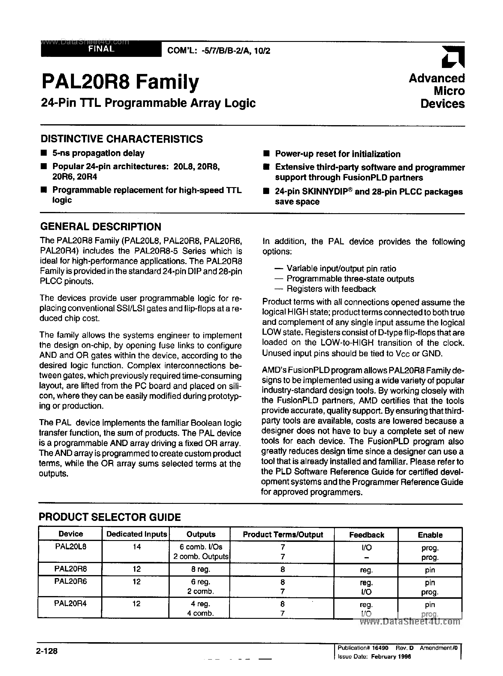 Даташит PAL20L8B - 24-Pin TTL Programmable Array Logic страница 1