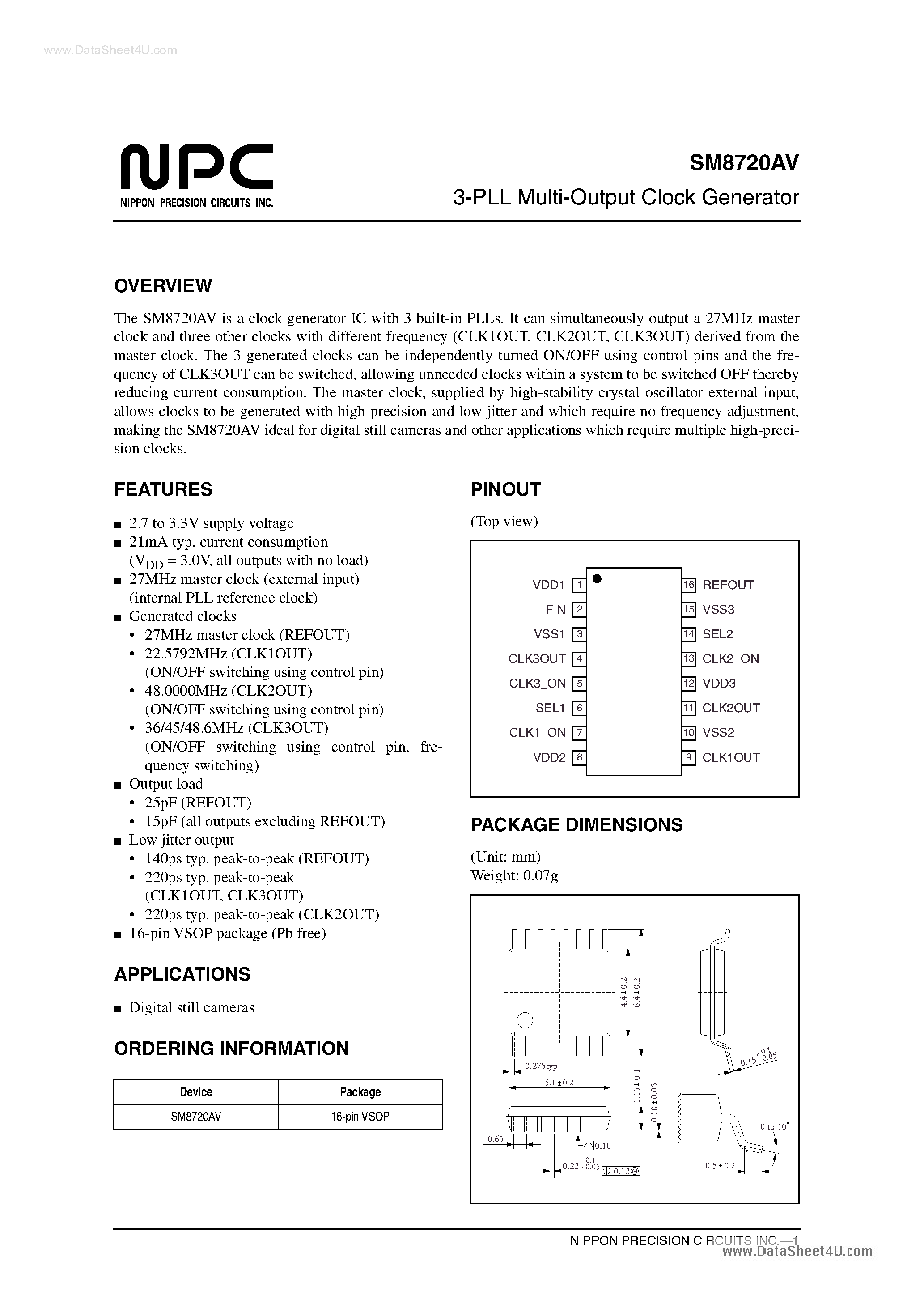 Datasheet SM8720AV - 3-PLL Multi-Output Clock Generator page 1