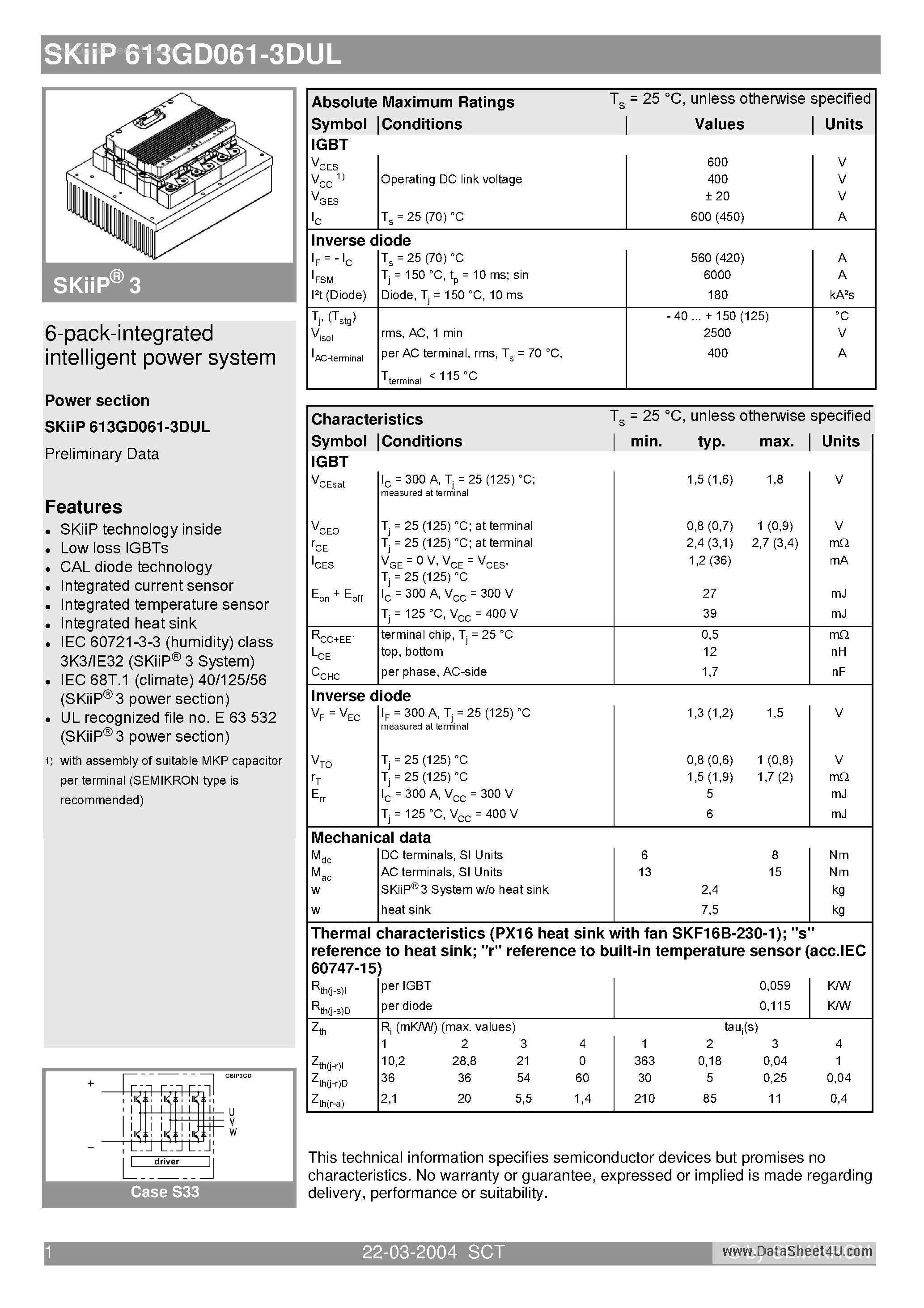 Даташит SKIIP613GD061-3DUL - 6-pack-integrated intelligent power system страница 1