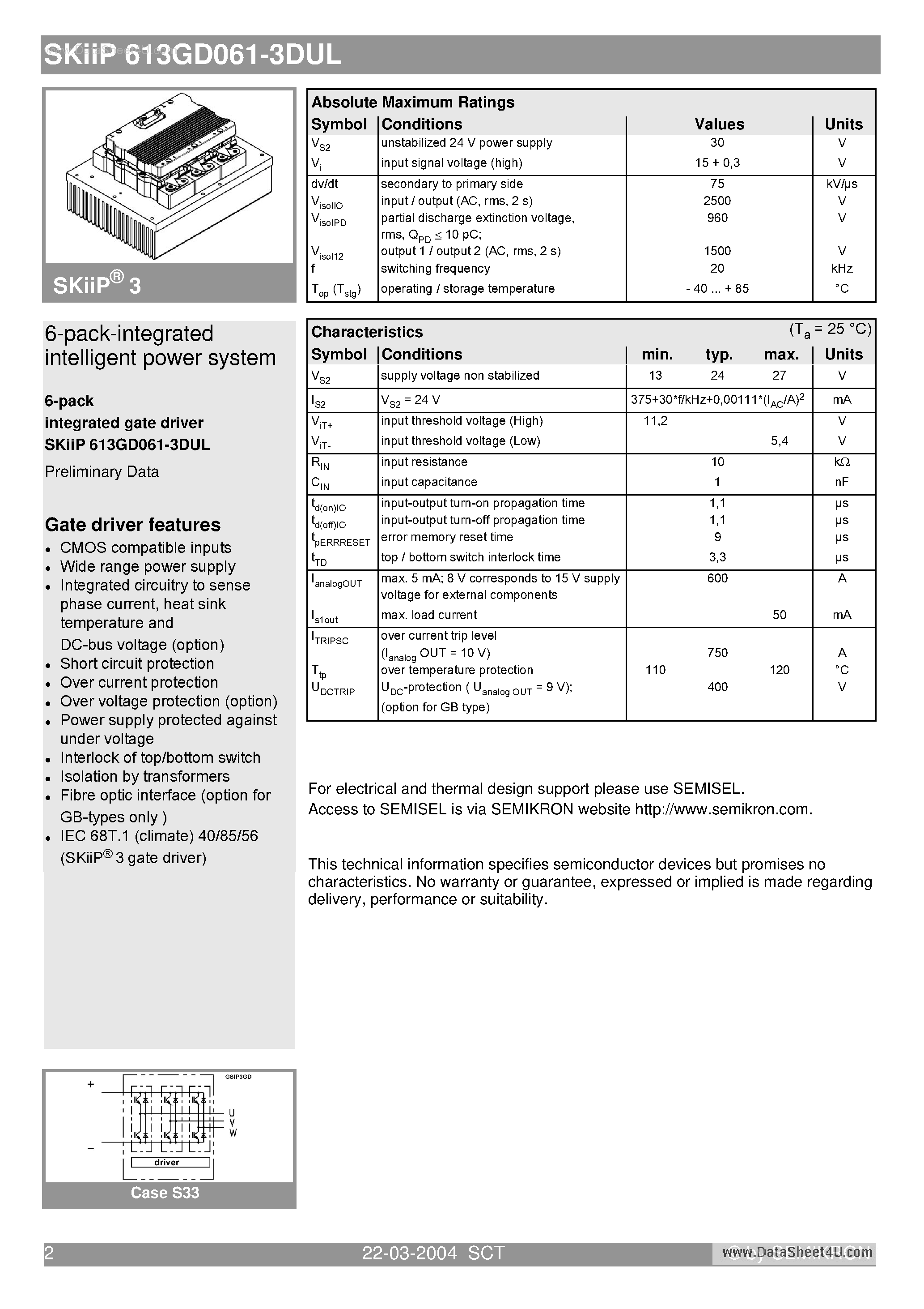 Даташит SKIIP613GD061-3DUL - 6-pack-integrated intelligent power system страница 2