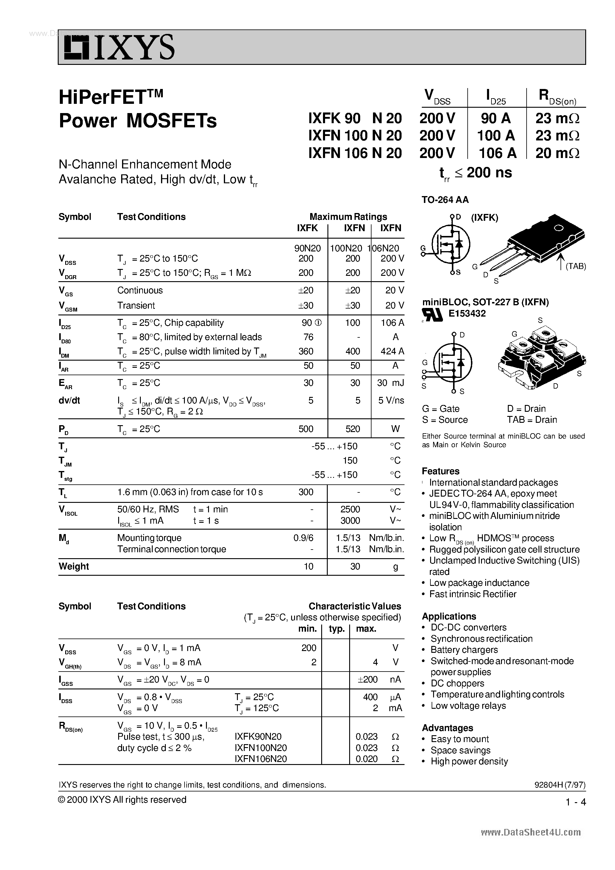 Даташит 90N20 - N-channel Enhancement Mode Avalanche Rated страница 1