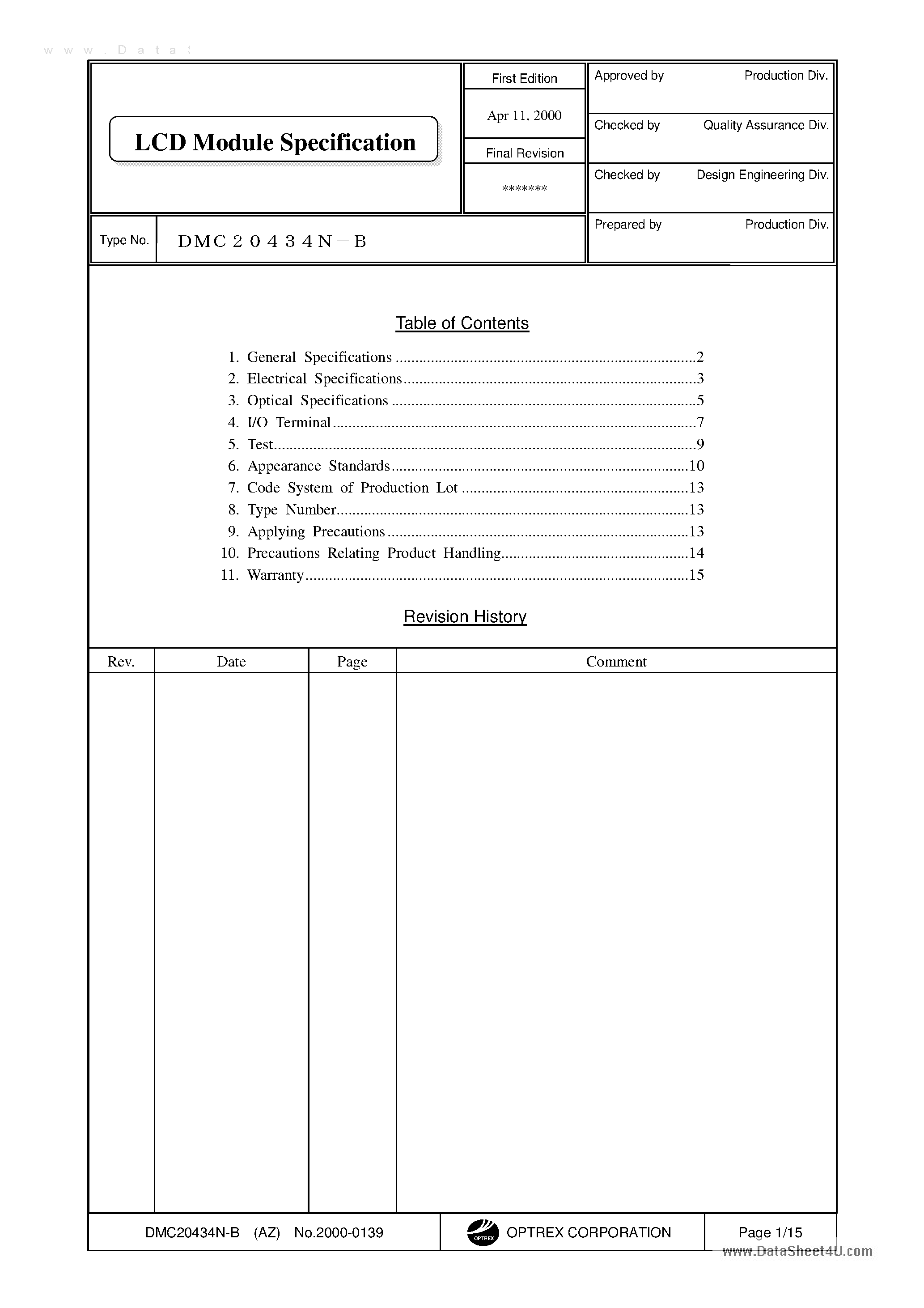 Datasheet DMC20434N-B - LCD Module page 1