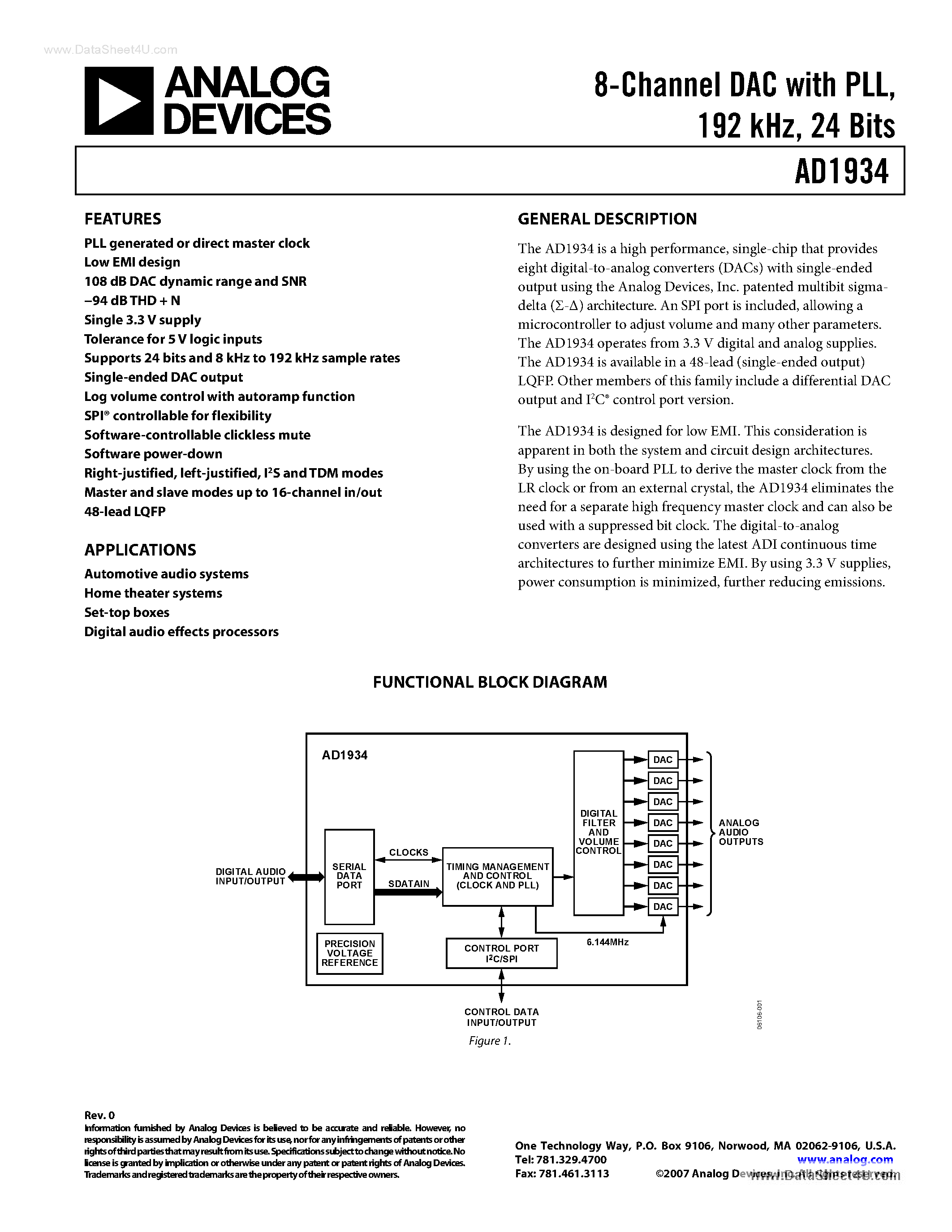 Даташит AD1934 - 8-Channel DAC страница 1