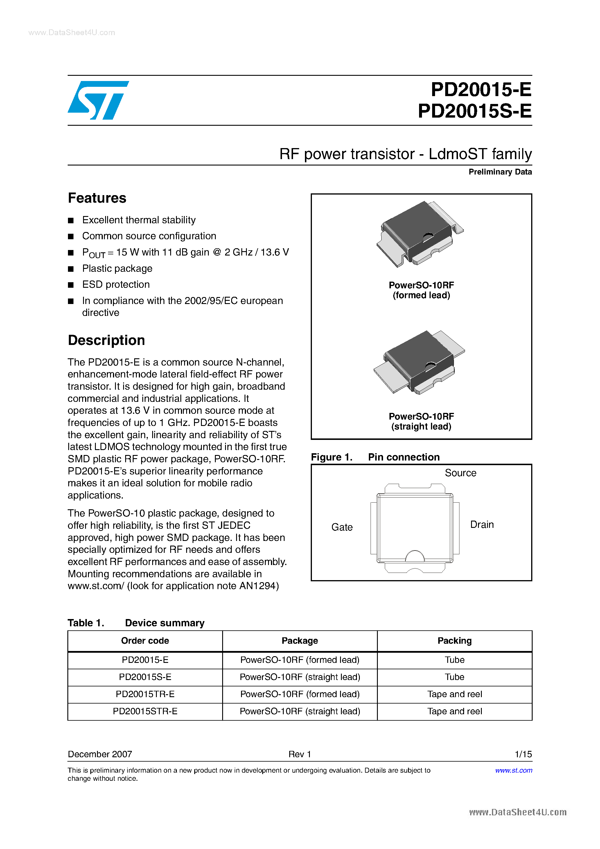 Даташит PD20015-E - Transistors страница 1