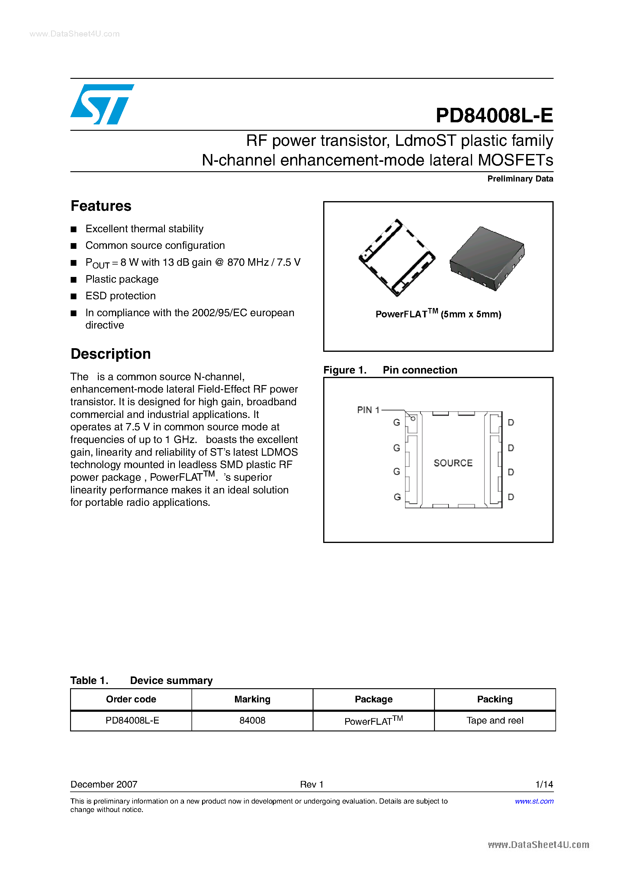 Даташит PD84008L-E - Transistors страница 1