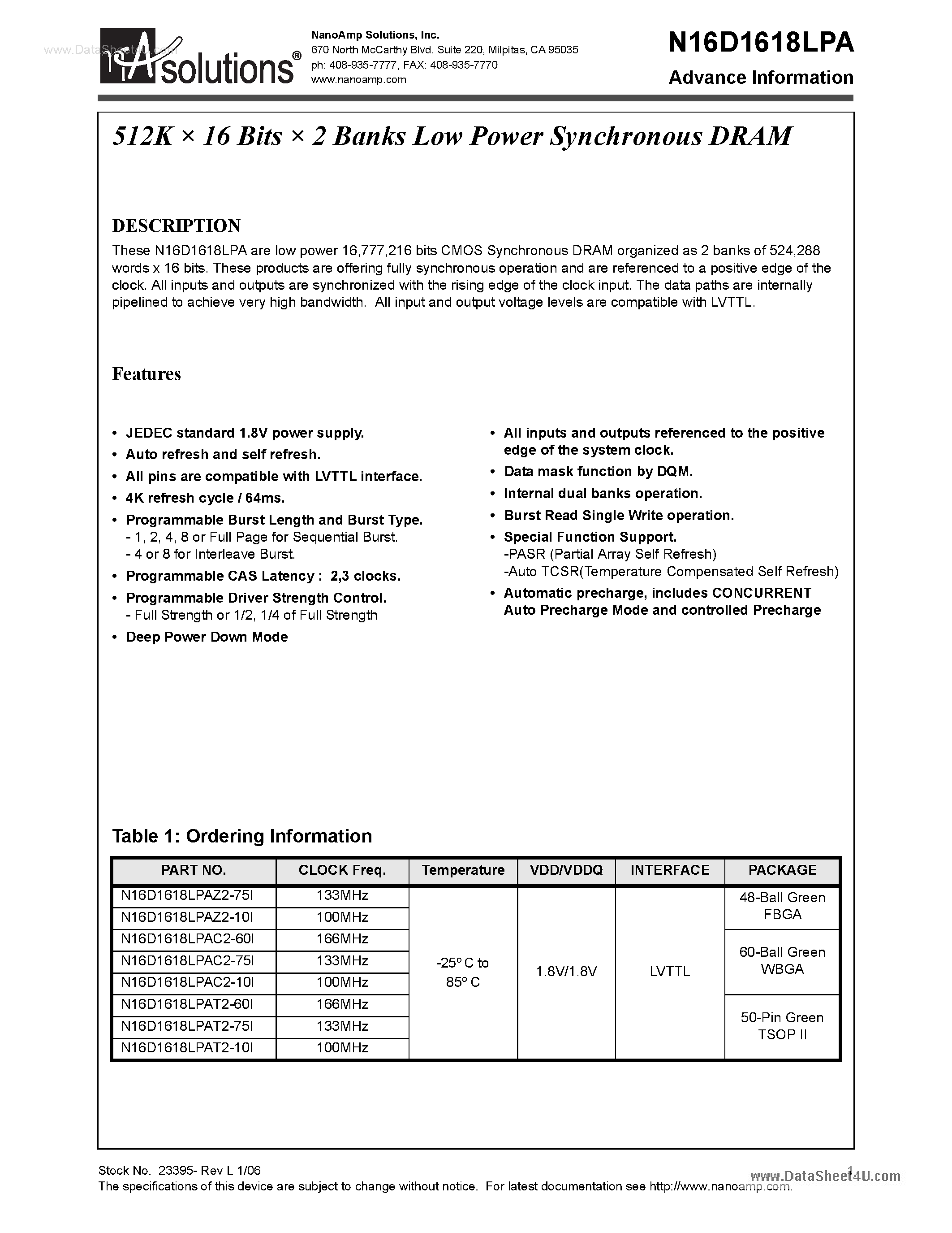 Даташит N16D1618LPA - 512K X 16 Bits X 2 Banks Low Power Synchronous DRAM страница 1