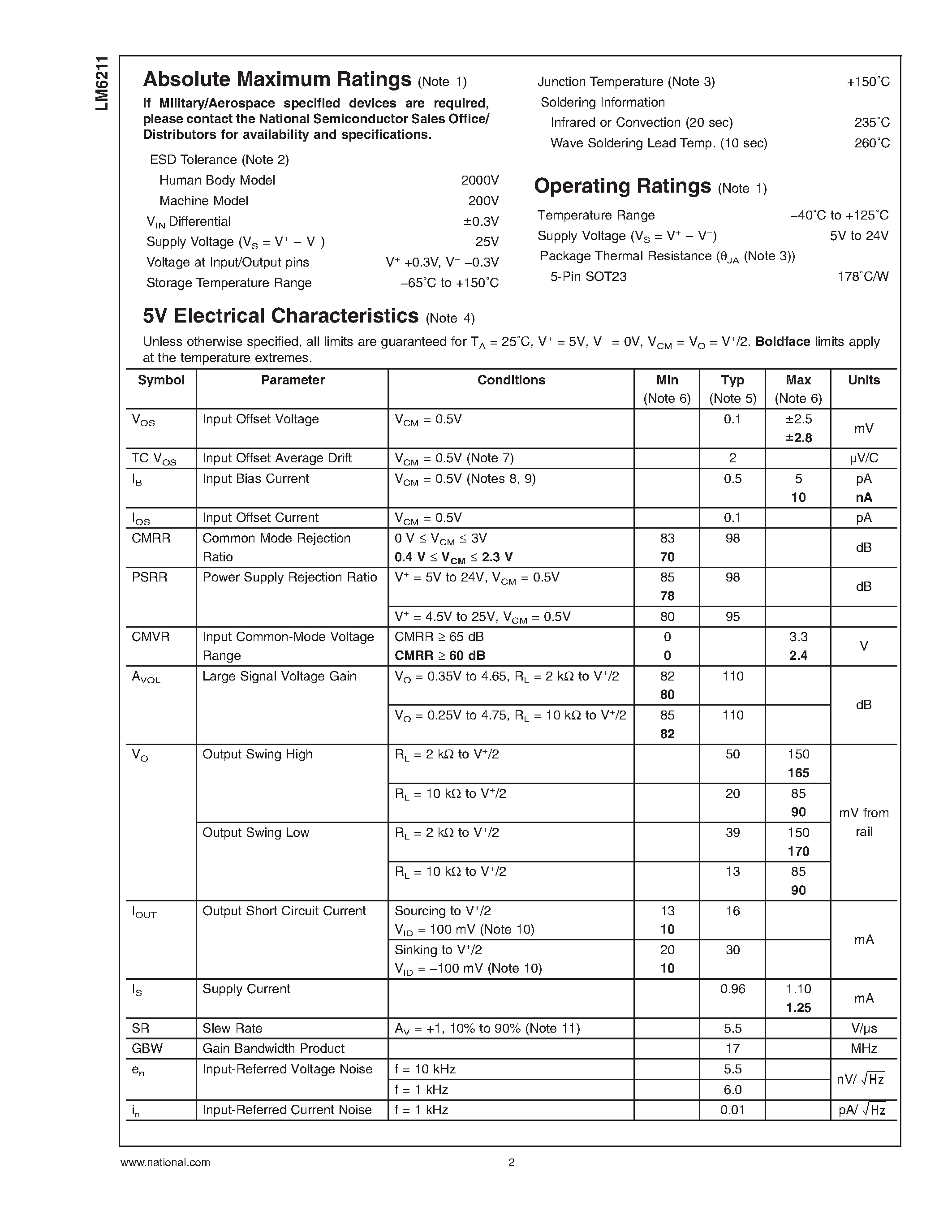 Datasheet LM6211 - RRO Operational Amplifier page 2