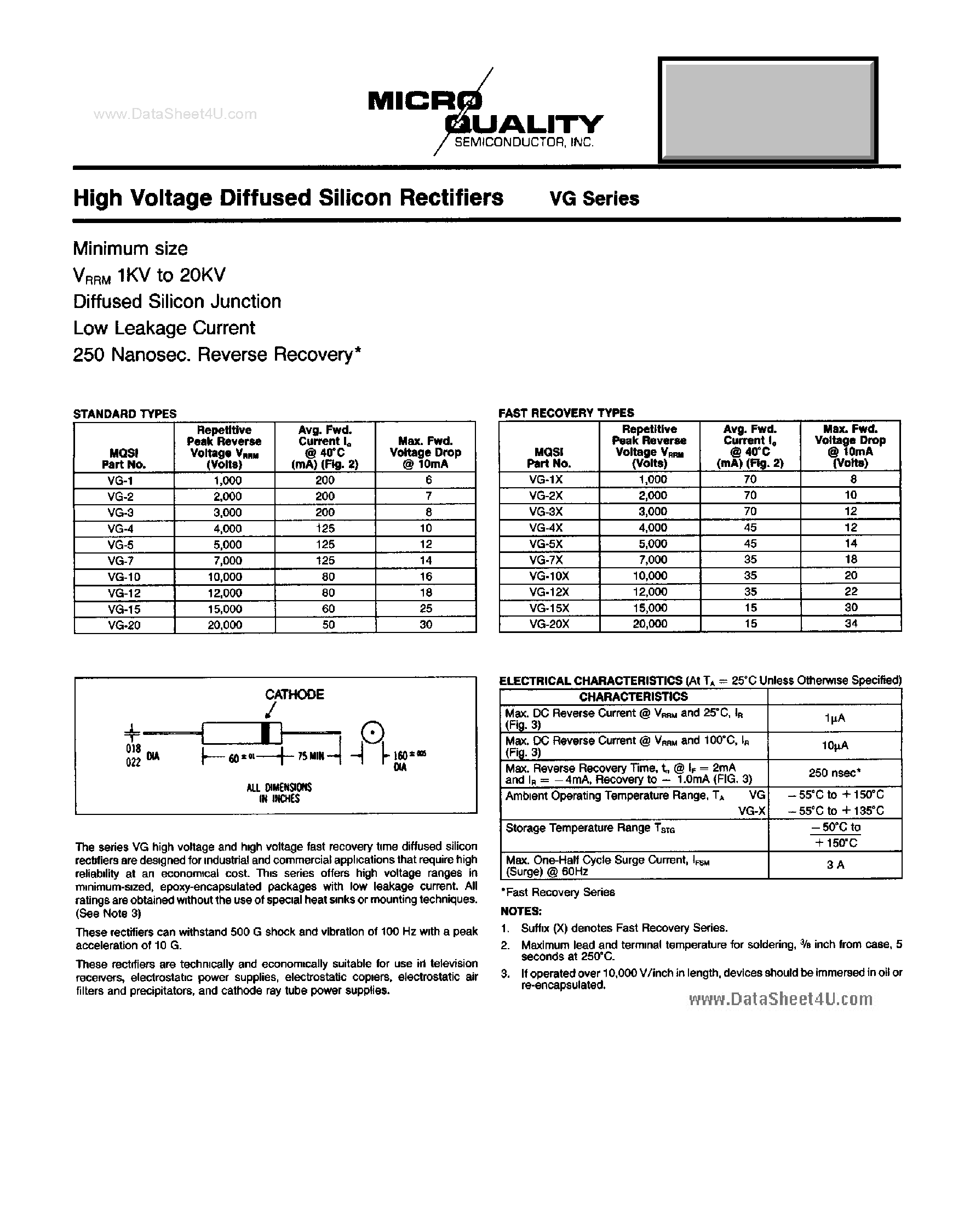 Datasheet VG7X - High Voltage Diffused Silicon Rectifiers page 1