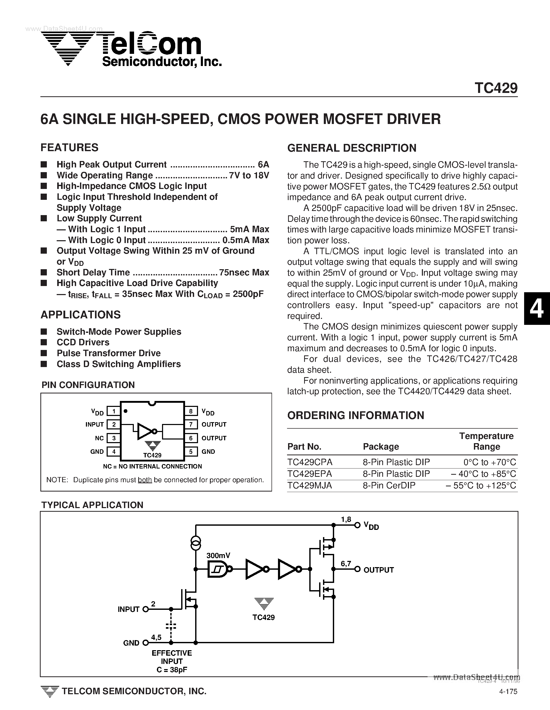 Даташит TC429 - CMOS POWER MOSFET DRIVER страница 1