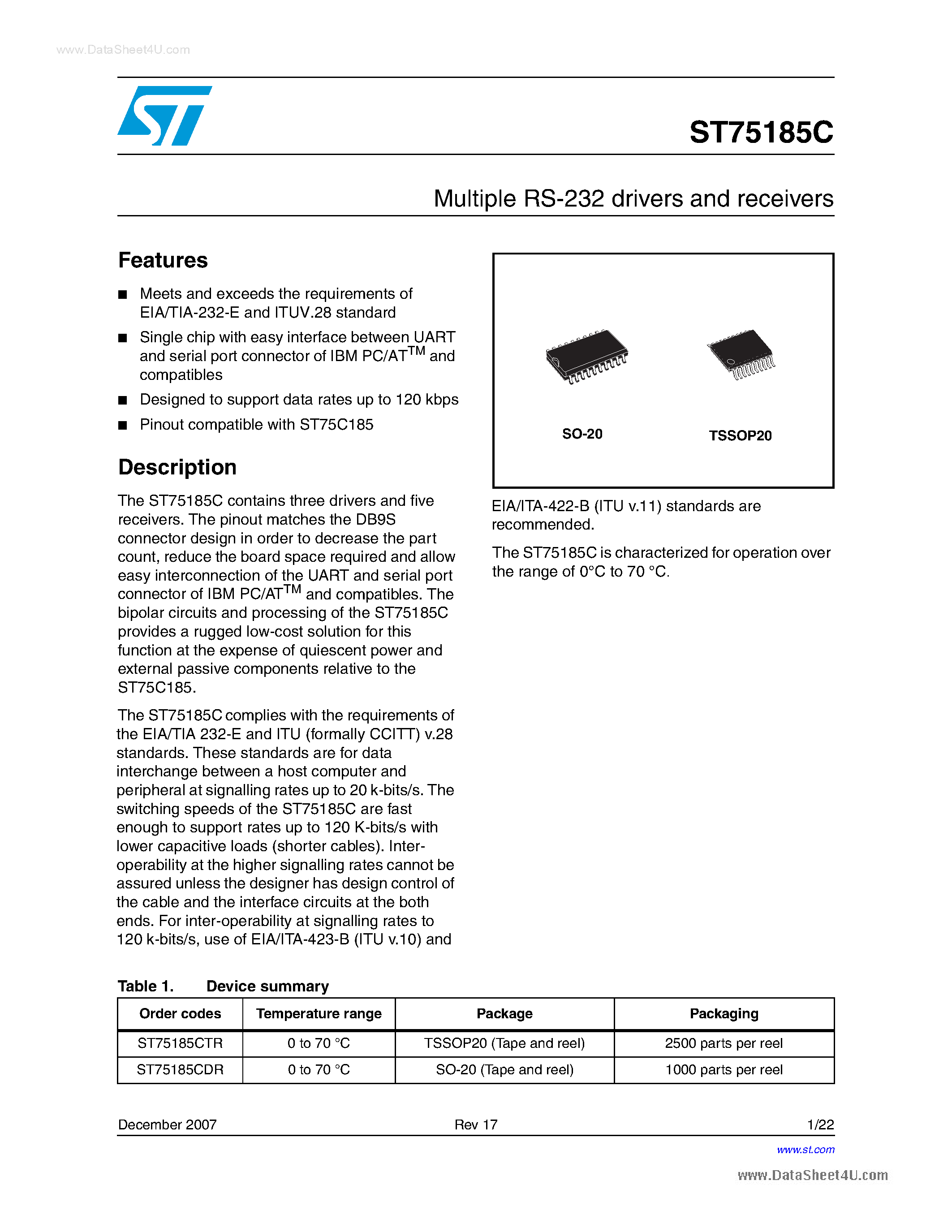 Даташит ST75185C - Multiple RS-232 Drivers страница 1