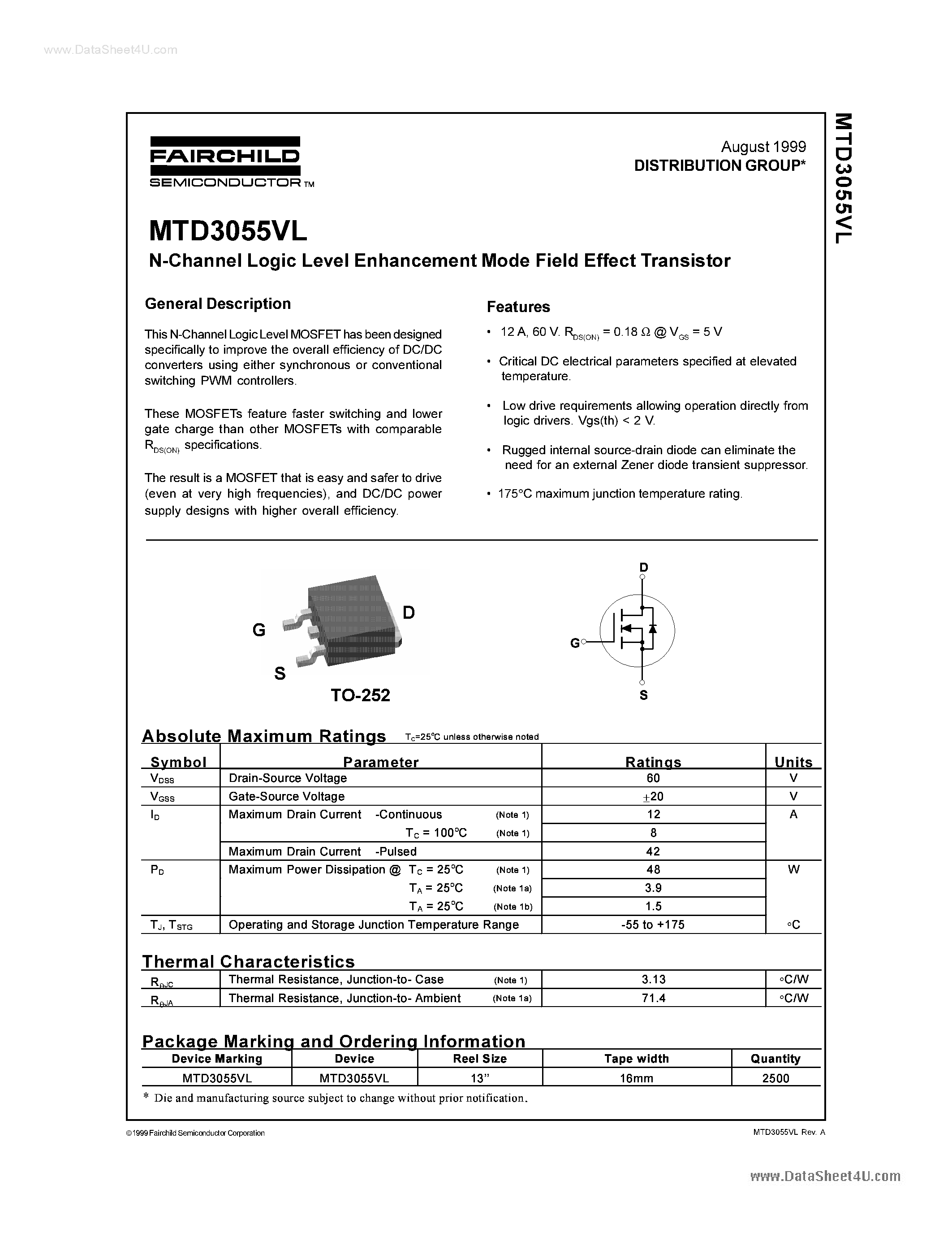 Даташит MTD3055VL - M-CHANNEL LOGIC LEVEL ENHANCEMENT MODE FIELD EFFECT TRANSISTOR страница 1