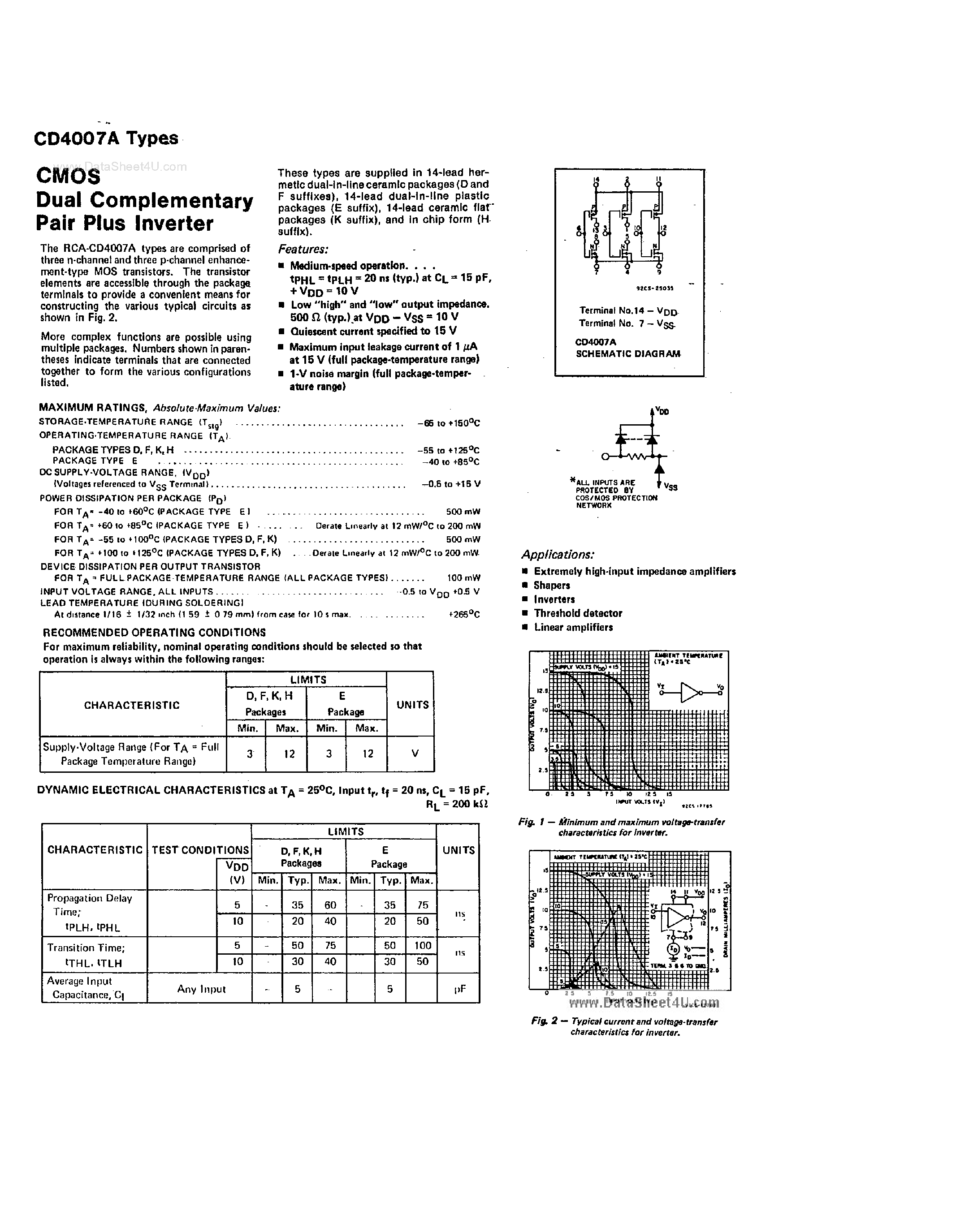 Datasheet CD4007A - CMOS Dual Complementary Pair Plus Inverter page 1