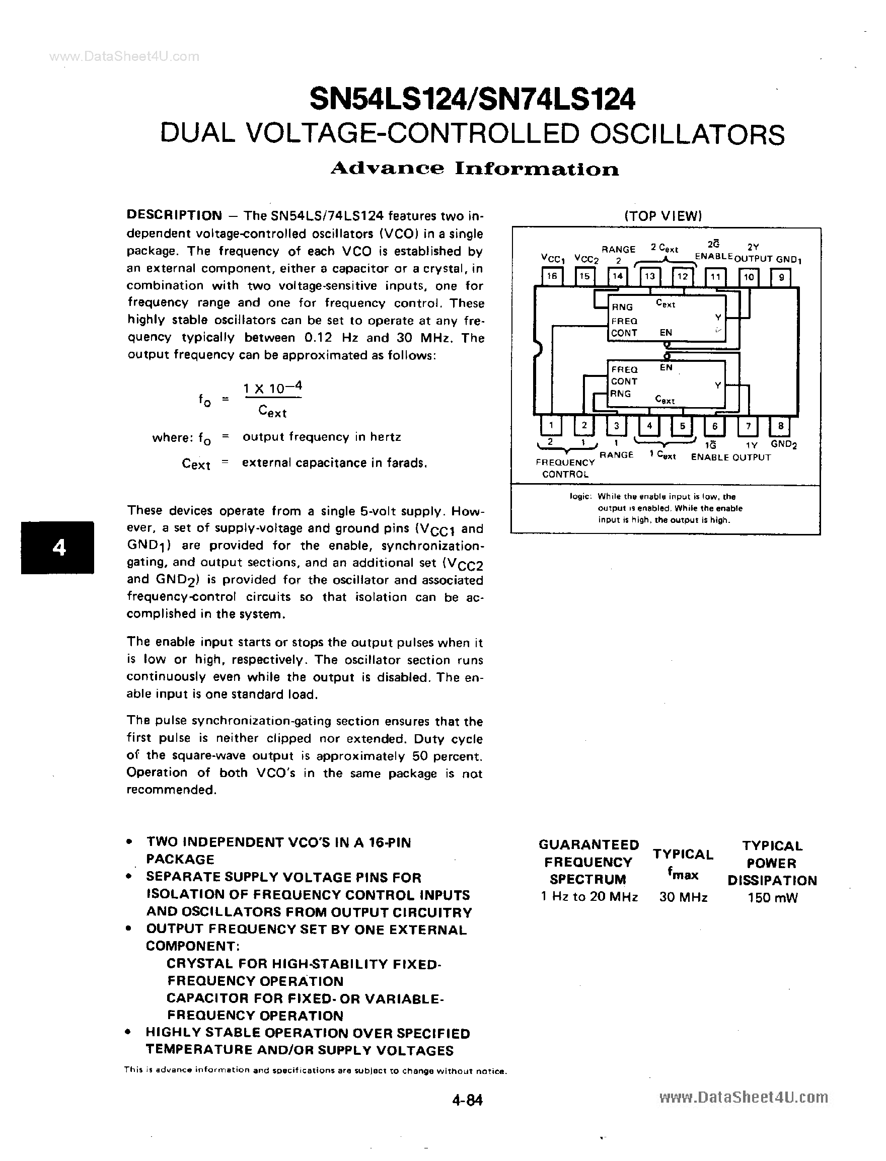 Даташит SN74LS124 - Dual Voltage Controller Oscillators страница 1