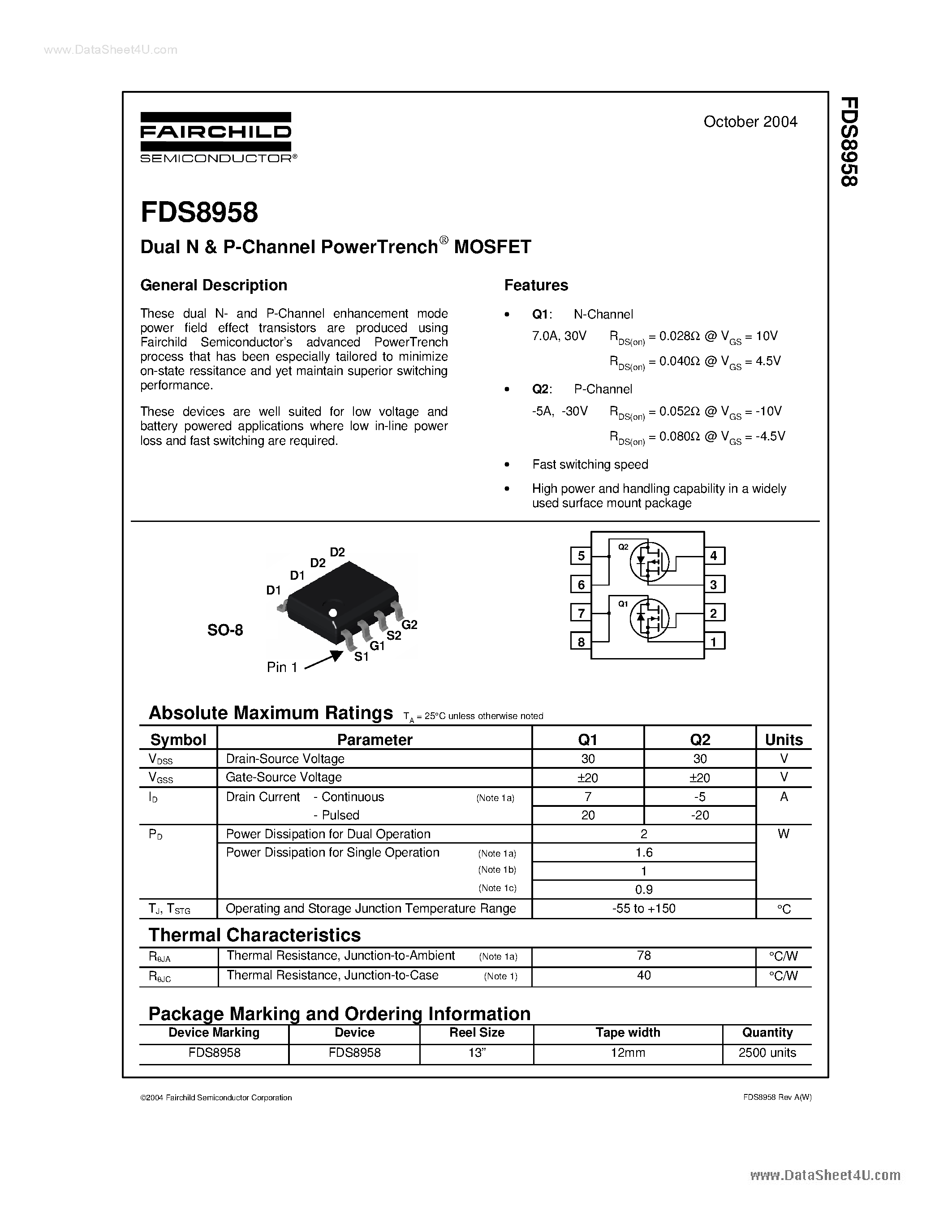 Даташит FDS8958 - Dual N & P-Channel PowerTrench MOSFET страница 1