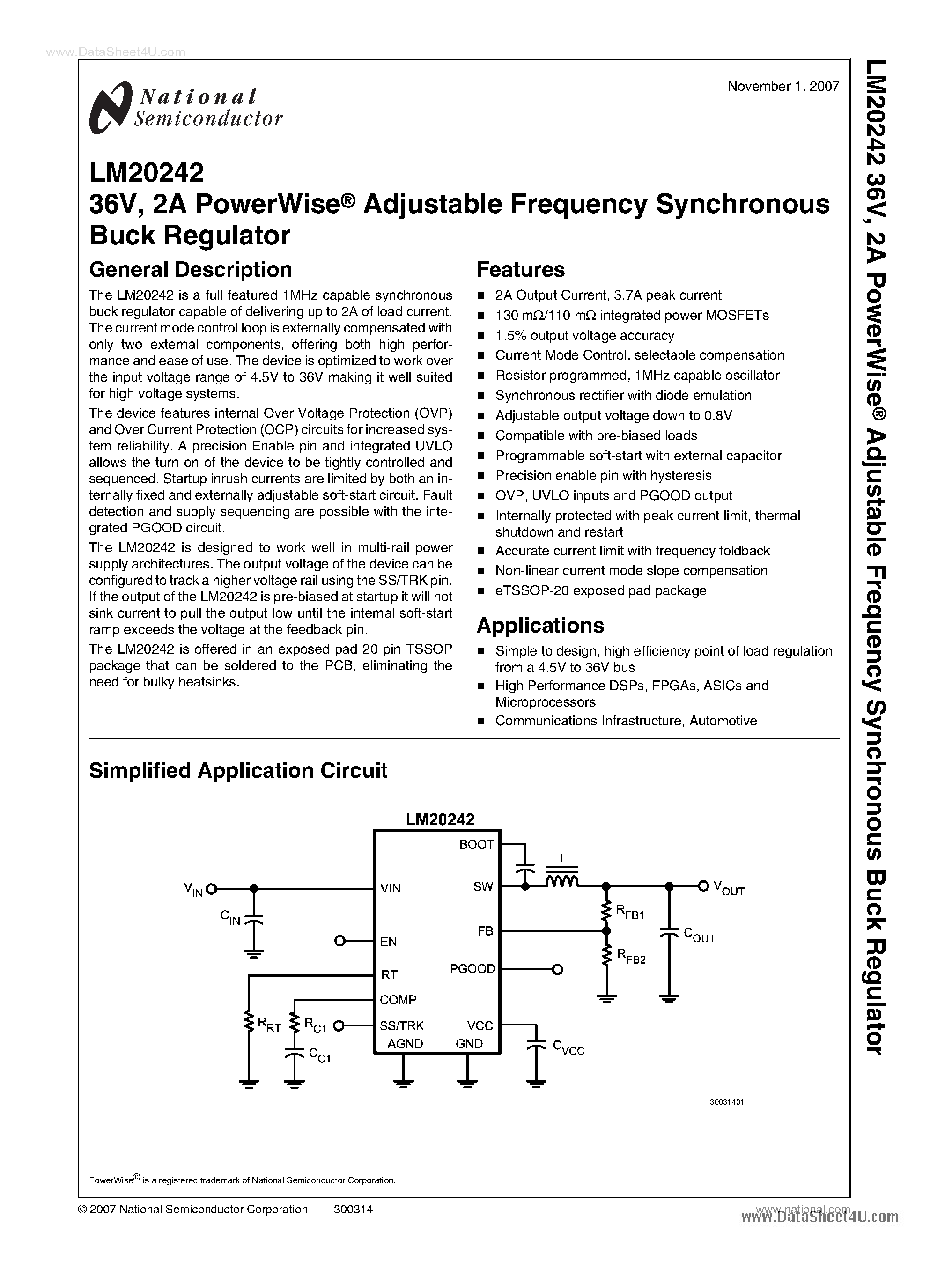 Datasheet LM20242 - 2A PowerWise Adjustable Frequency Synchronous Buck Regulator page 1