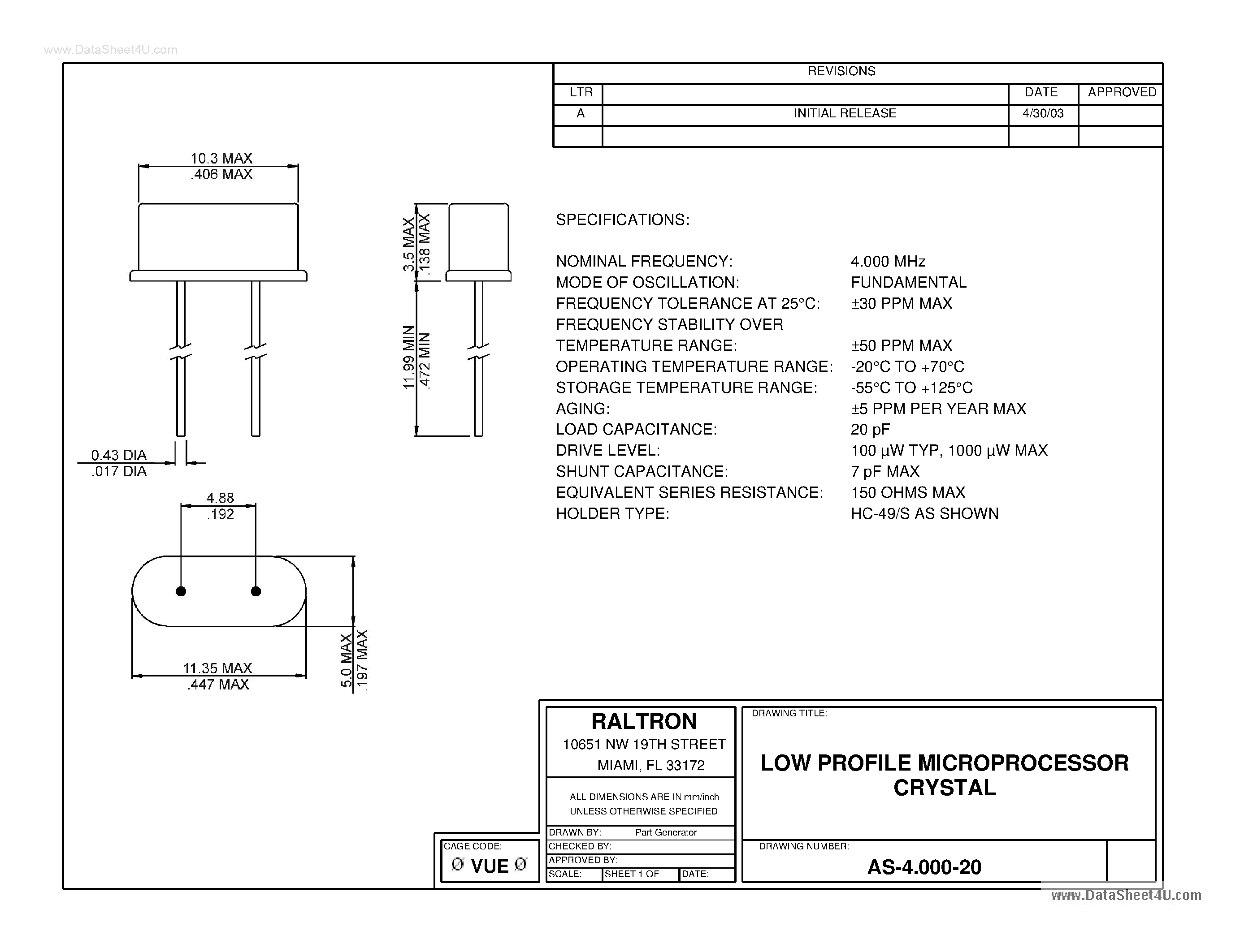 Даташит AS-4.000-20 - LOW PROFILE MICROPROCESSOR CRYSTAL страница 1