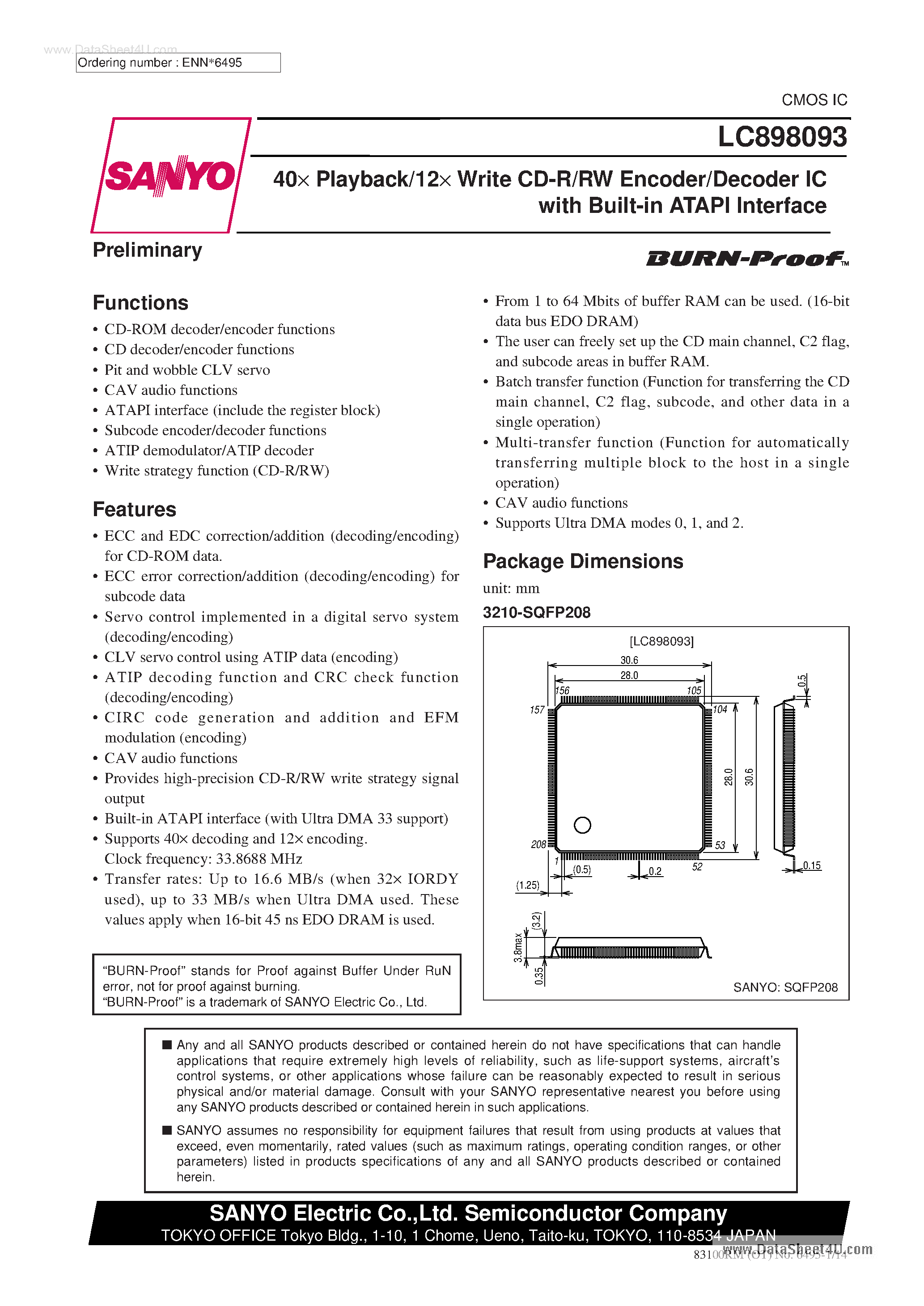 Datasheet LC898093 - Write CD-R/RW Encoder/Decoder IC page 1