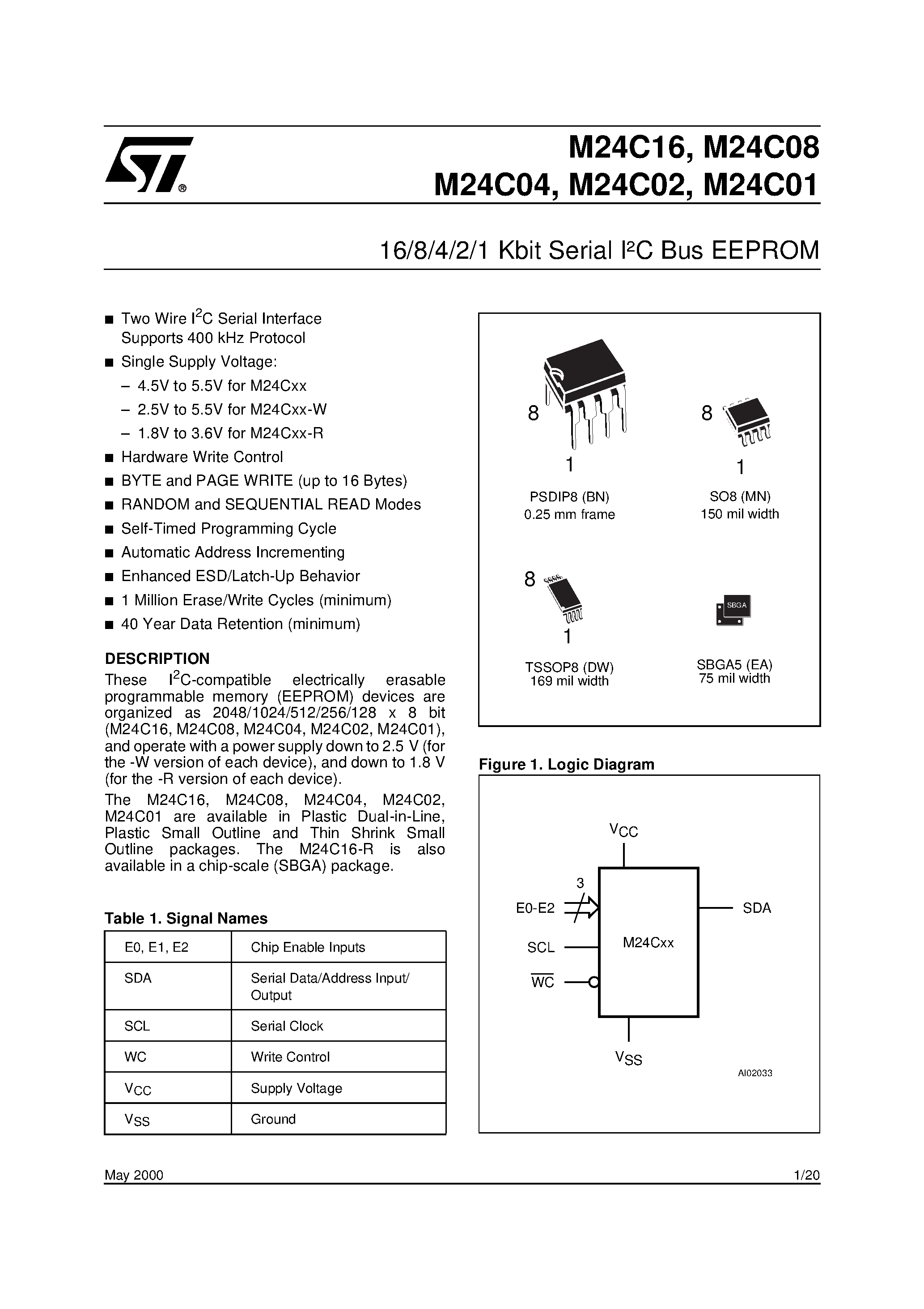 Datasheet M24C01-W - 16/8/4/2/1 Kbit Serial IC Bus EEPROM page 1