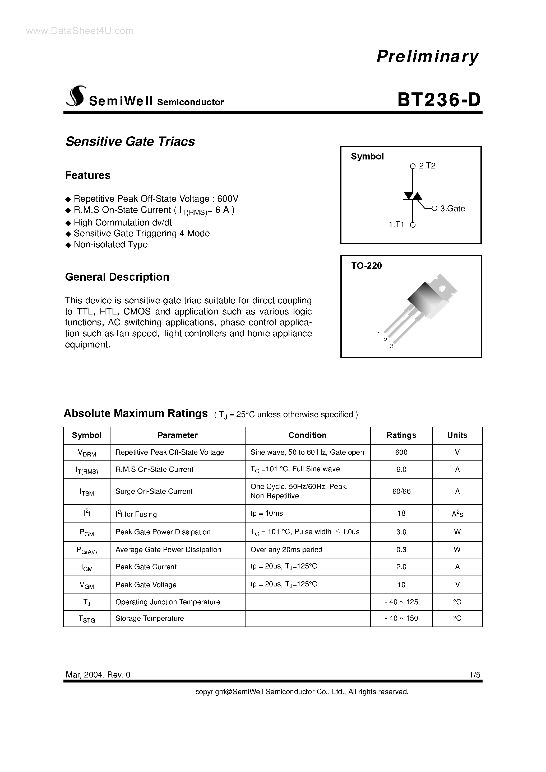 Datasheet BT236-D - Sensitive Gate Triacs page 1