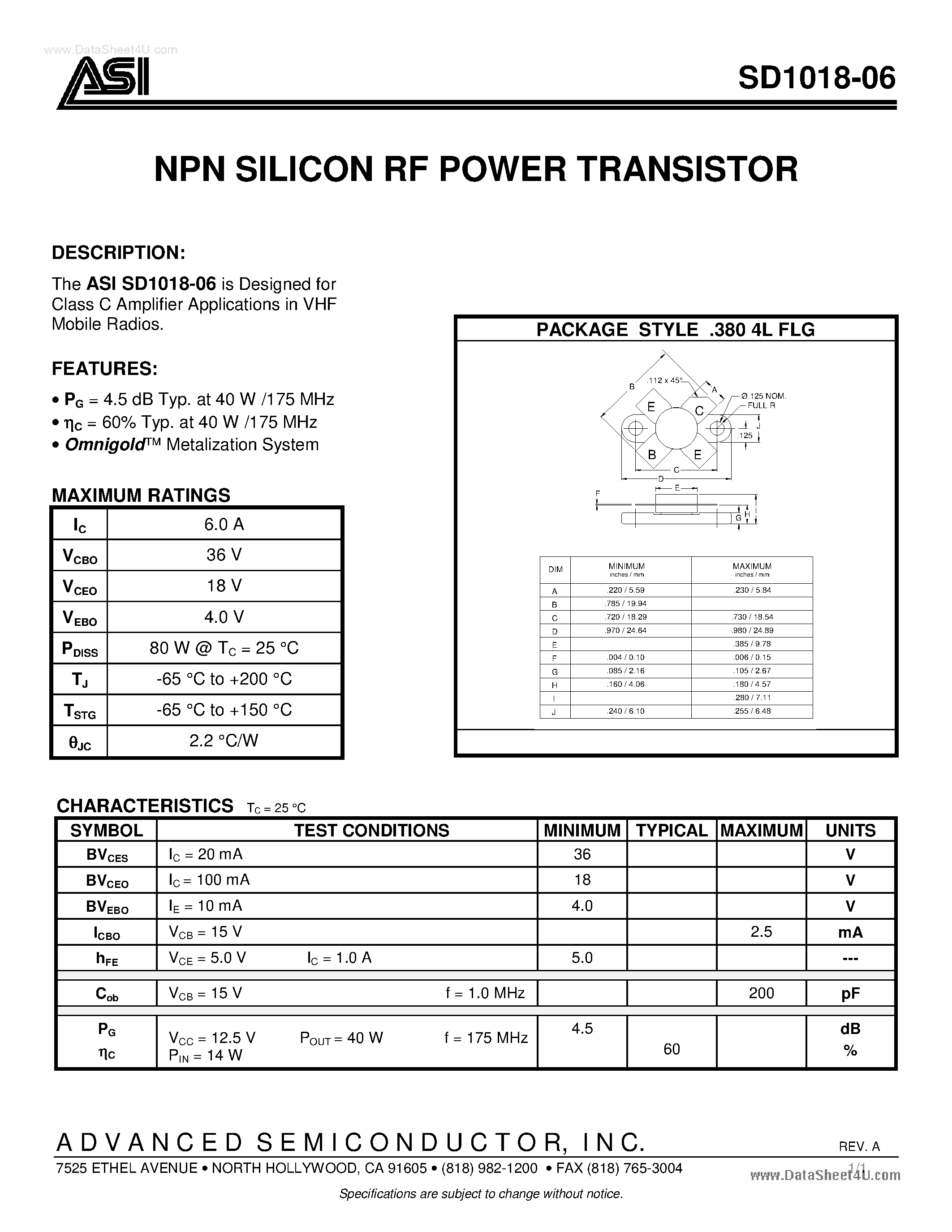 Datasheet SD1018-06 - NPN SILICON RF POWER TRANSISTOR page 1