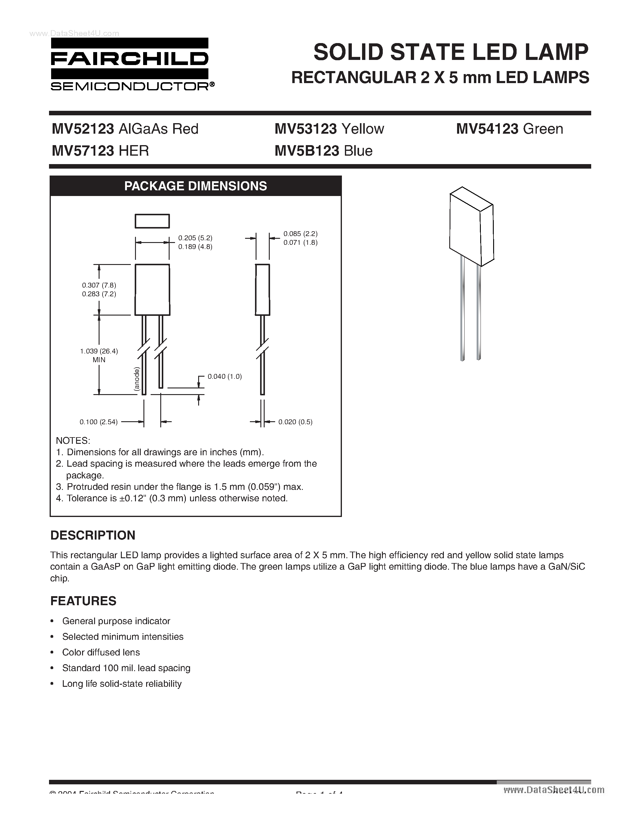 Даташит MV52123 - (MV5x123) SOLID STATE LED LAMP RECTANGULAR 2 X 5 mm LED LAMPS страница 1