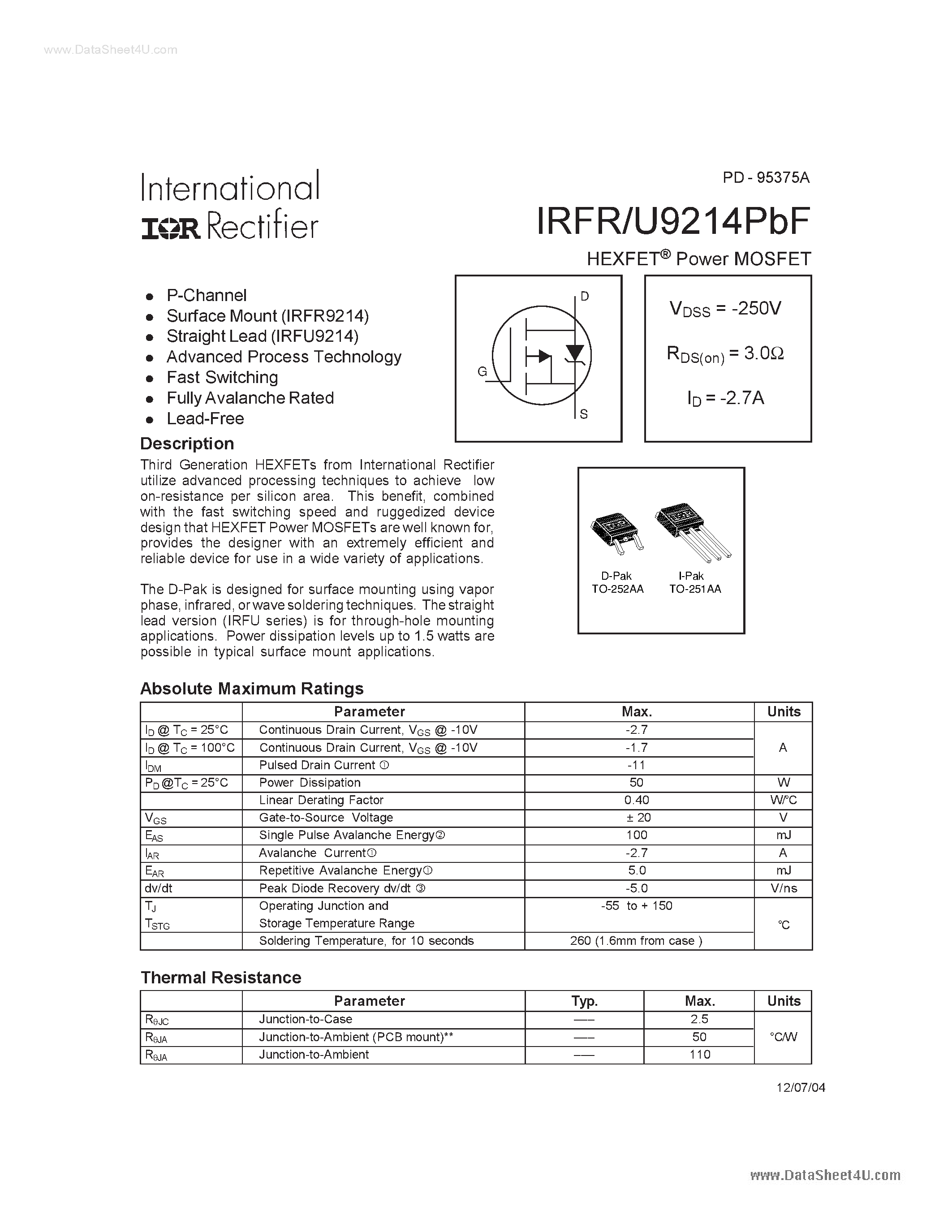 Даташит IRFR9214PBF - HEXFET POWER MOSFET страница 1