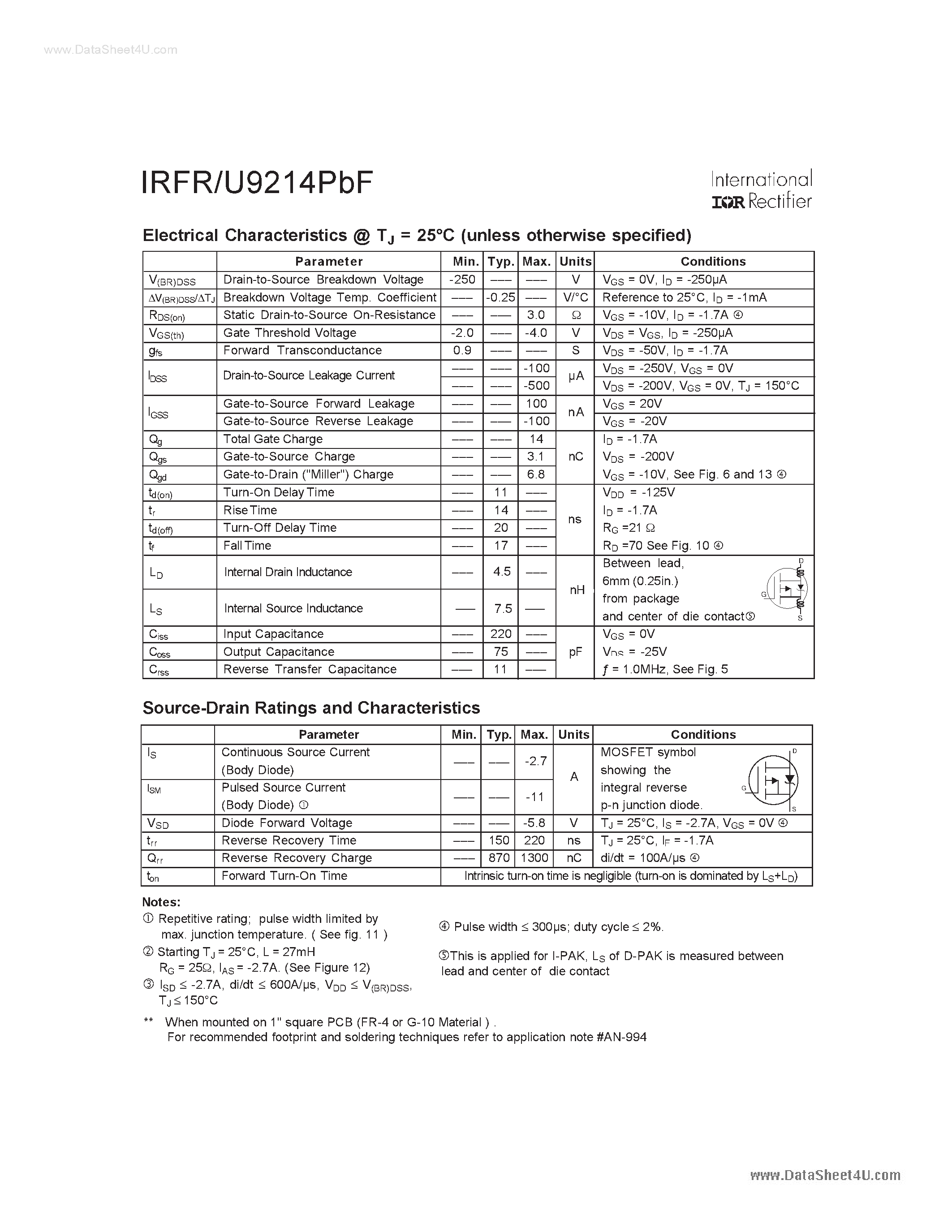 Даташит IRFR9214PBF - HEXFET POWER MOSFET страница 2