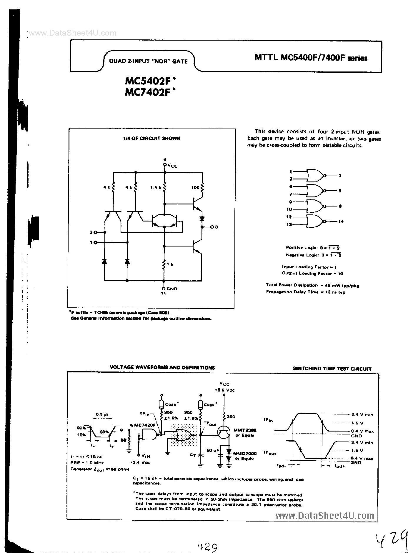 Datasheet MC5402F - Quad 2-Input NOR Gate page 1