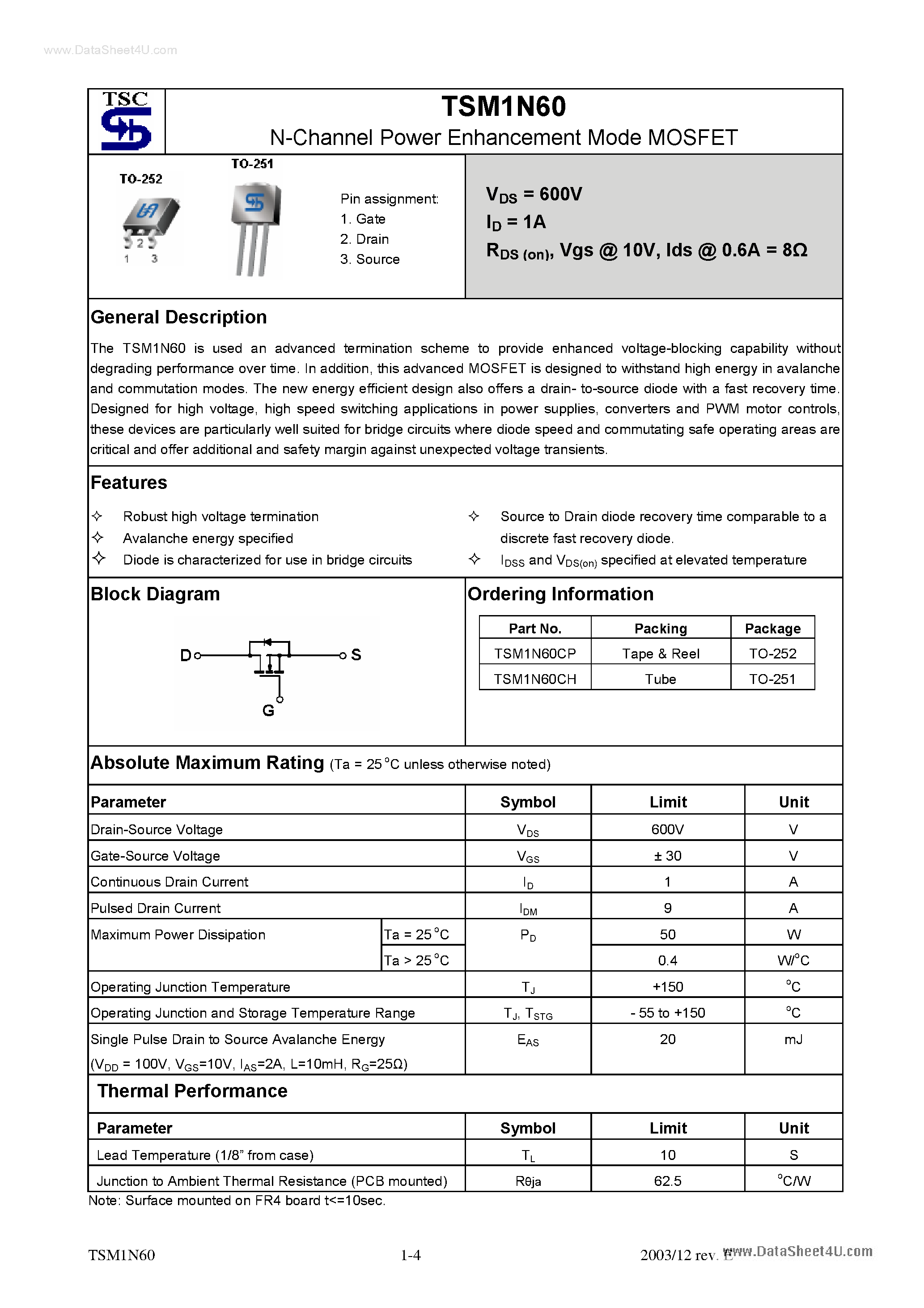 Даташит TSM1N60 - N-Channel Power Enhancement Mode MOSFET страница 1