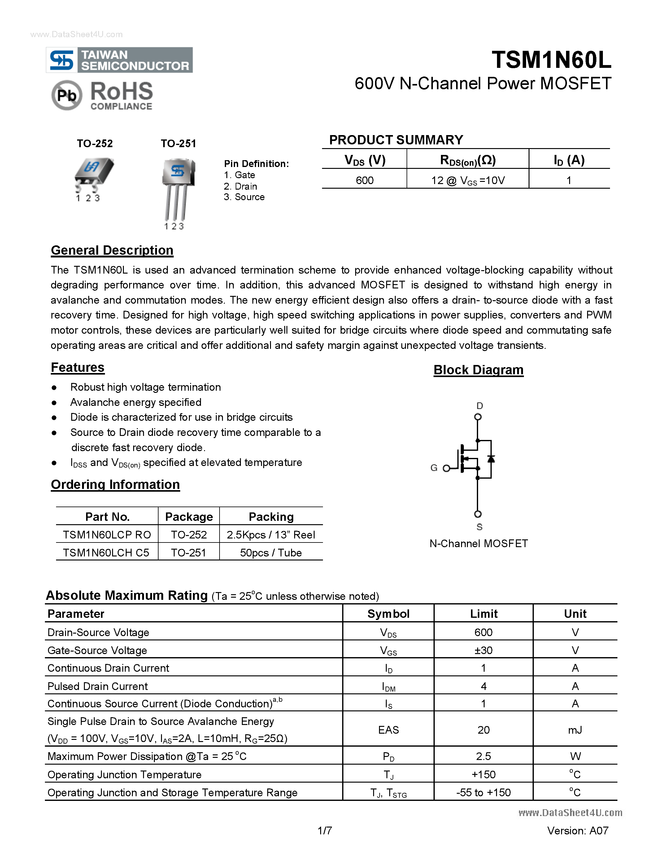 Даташит TSM1N60L - N-Channel Power Enhancement Mode MOSFET страница 1