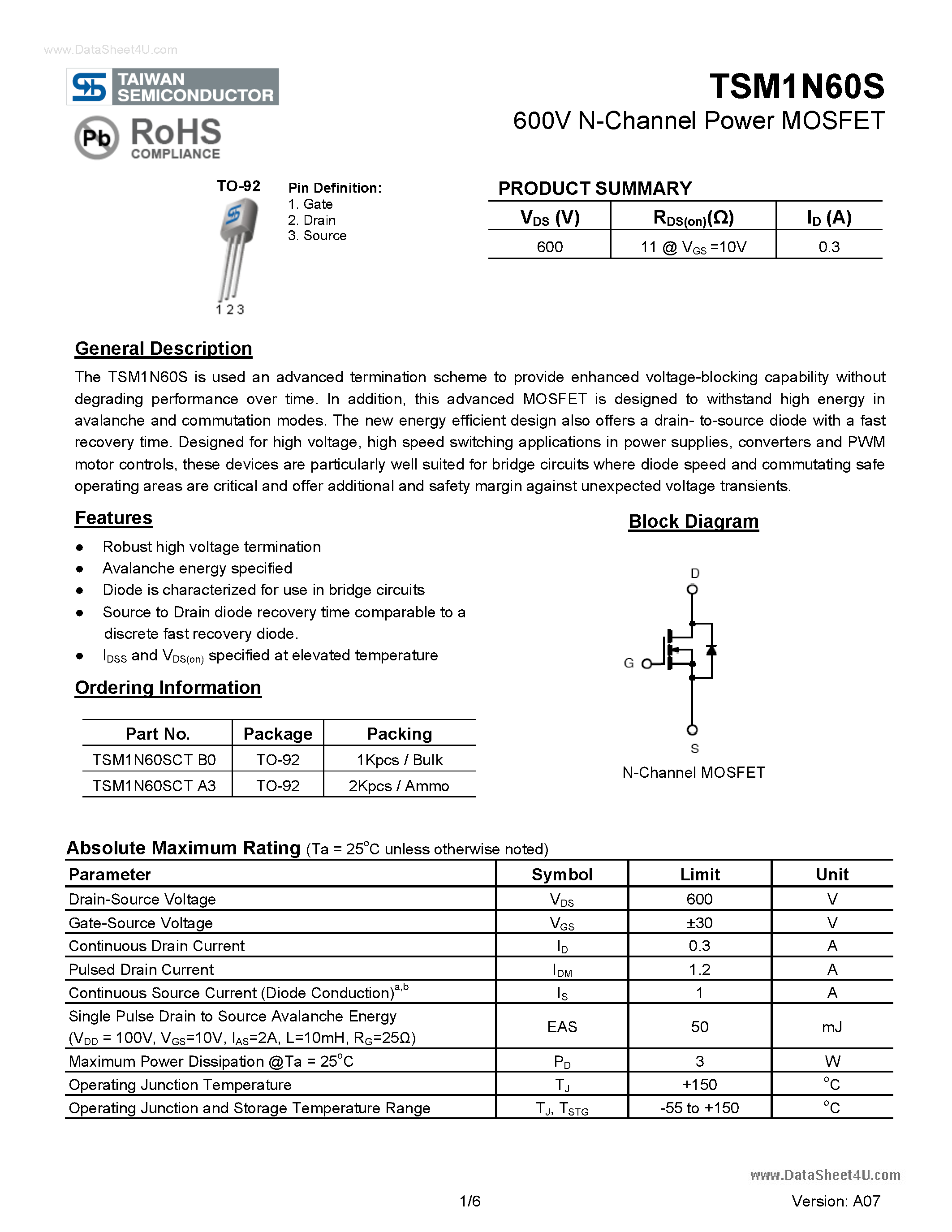 Даташит TSM1N60S - N-Channel Power Enhancement Mode MOSFET страница 1