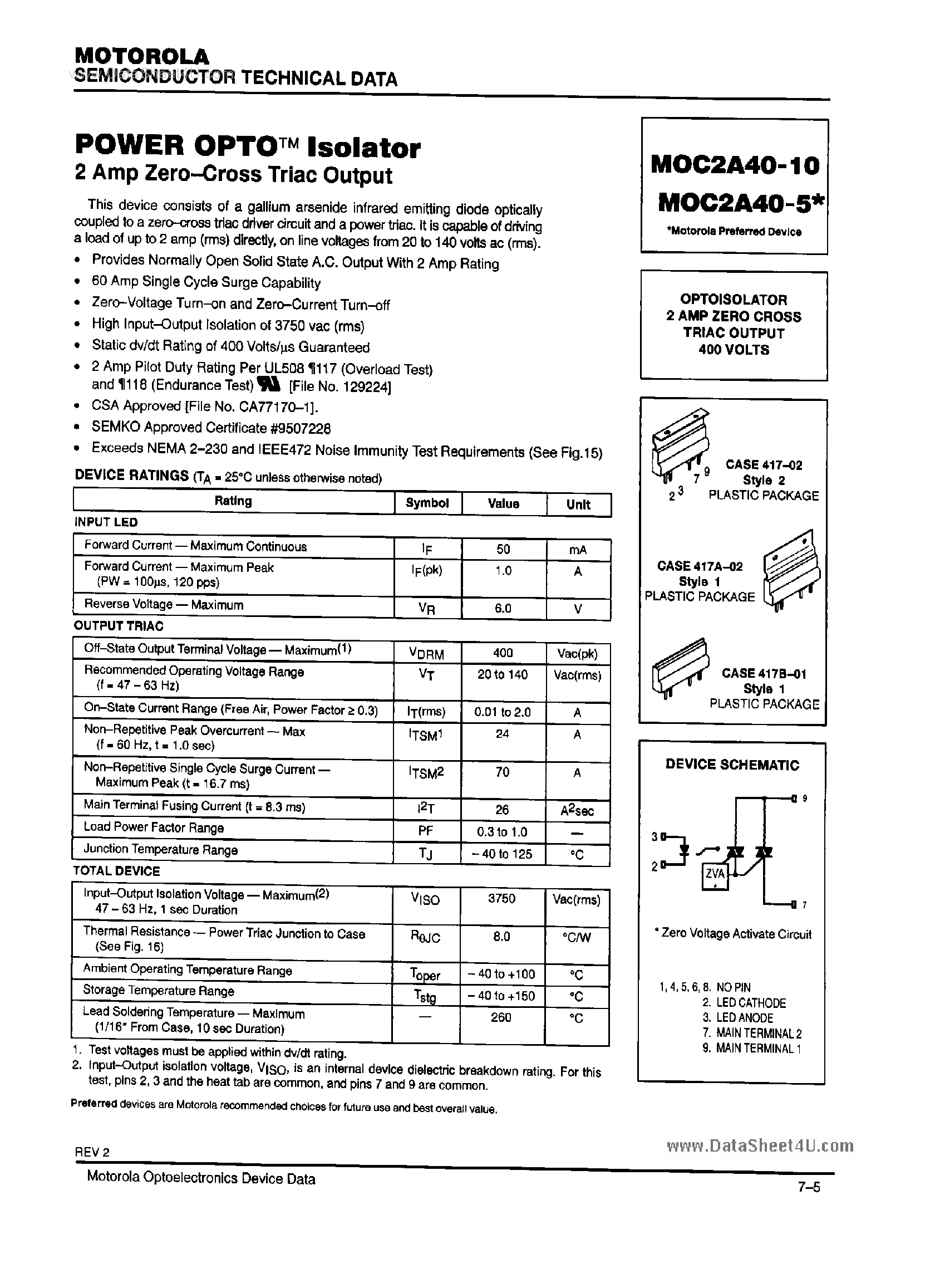 Даташит MOC2A40-10 - Power OPTO Isolator 2A Zero Cross Triac Output страница 1