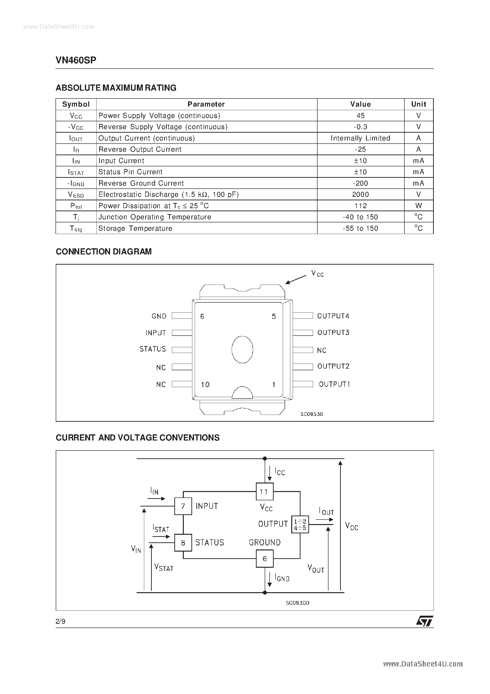 Даташит VN460SP - SINGLE CHANNEL HIGH SIDE SMART SOLID STATE RELAY страница 2