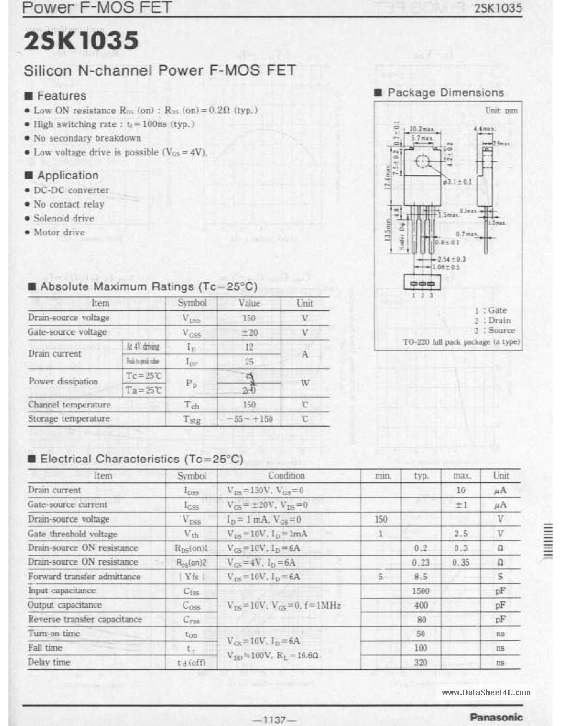 Даташит 2SK1035 - SILICON N CHANNEL POWER F MOSFET страница 1
