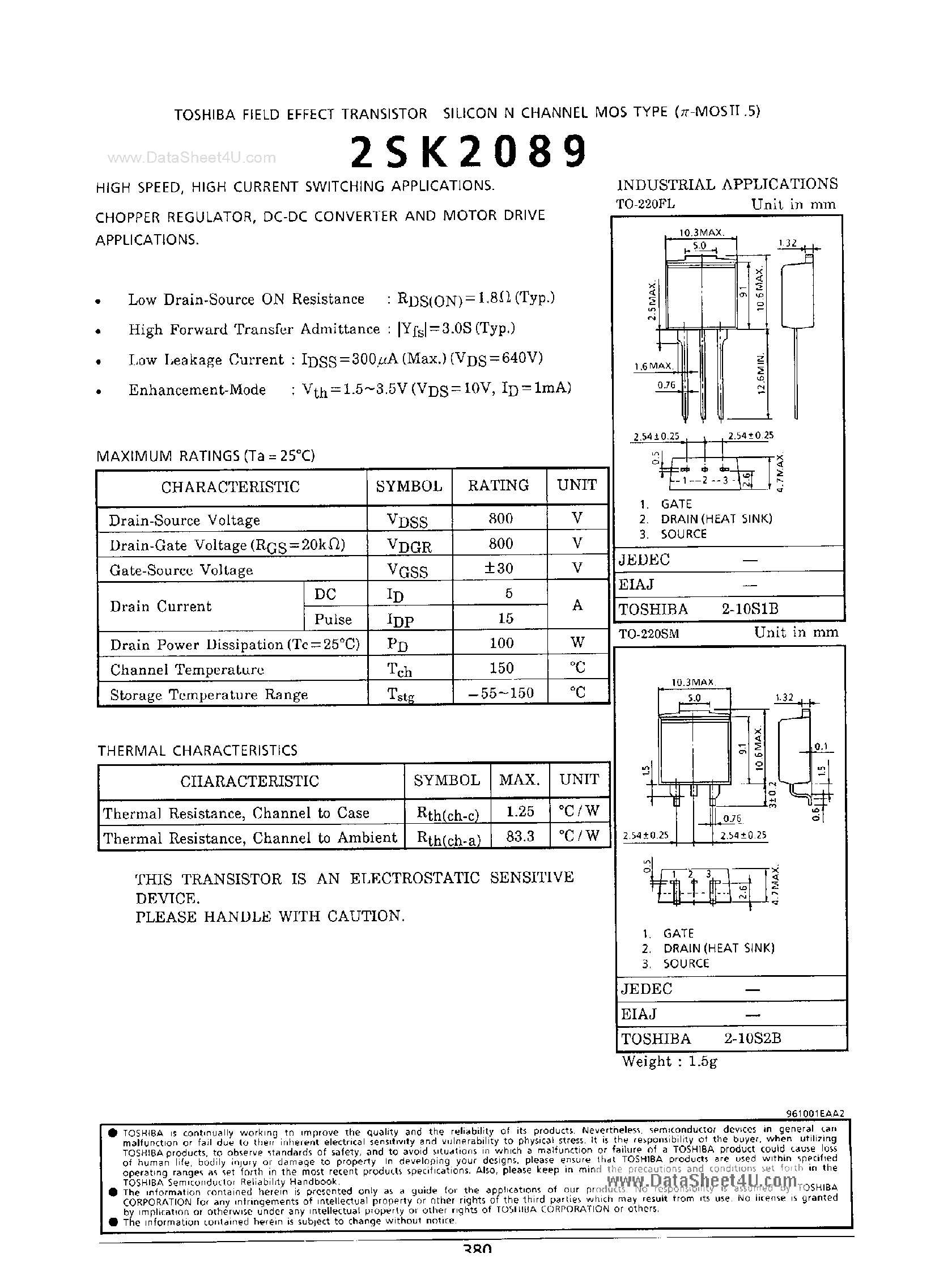 Datasheet 2SK2089 - Field Effect Transistor Silicon N-Channel MOS Type page 1