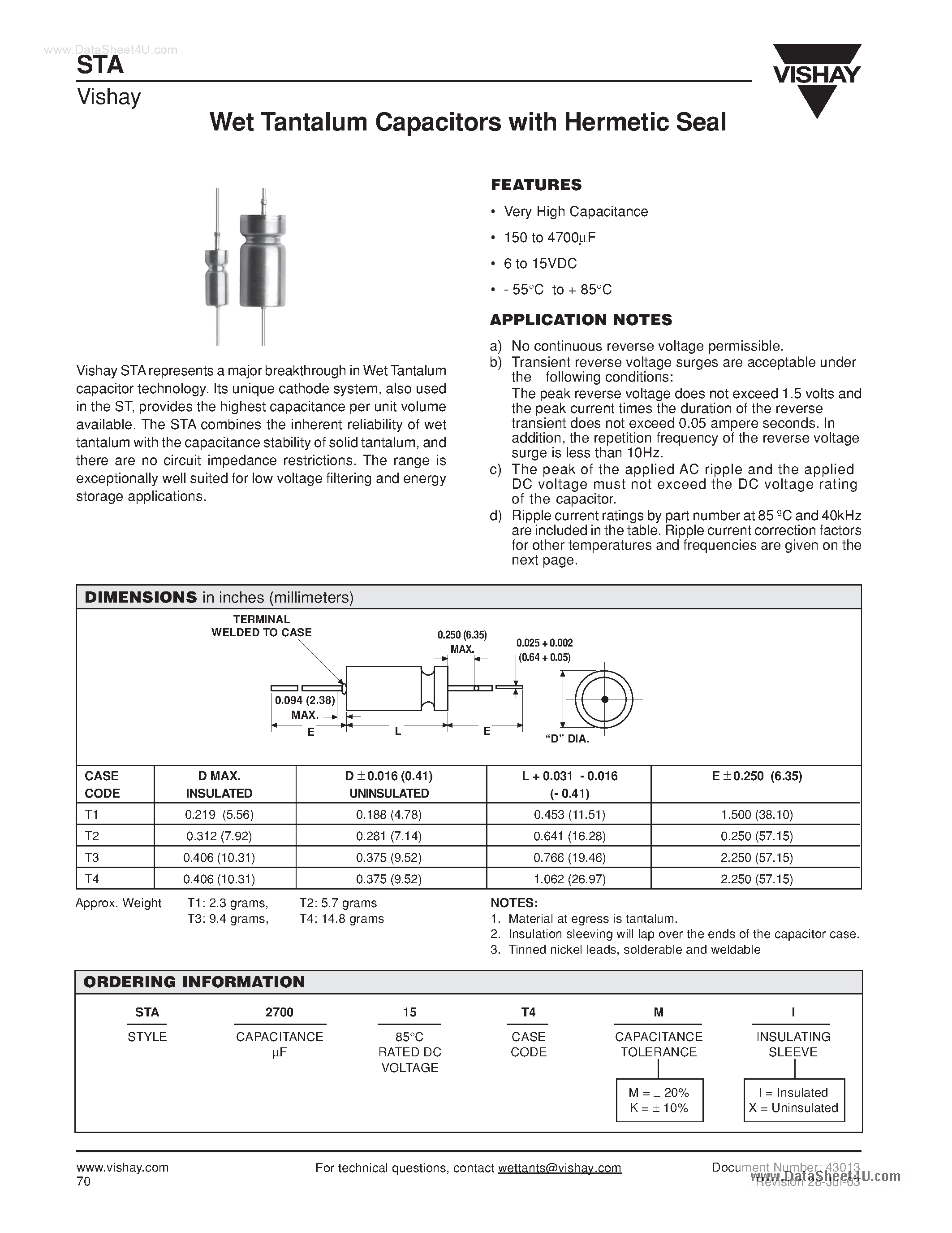 Datasheet STA1000 - Wet Tantalum Capacitors page 1