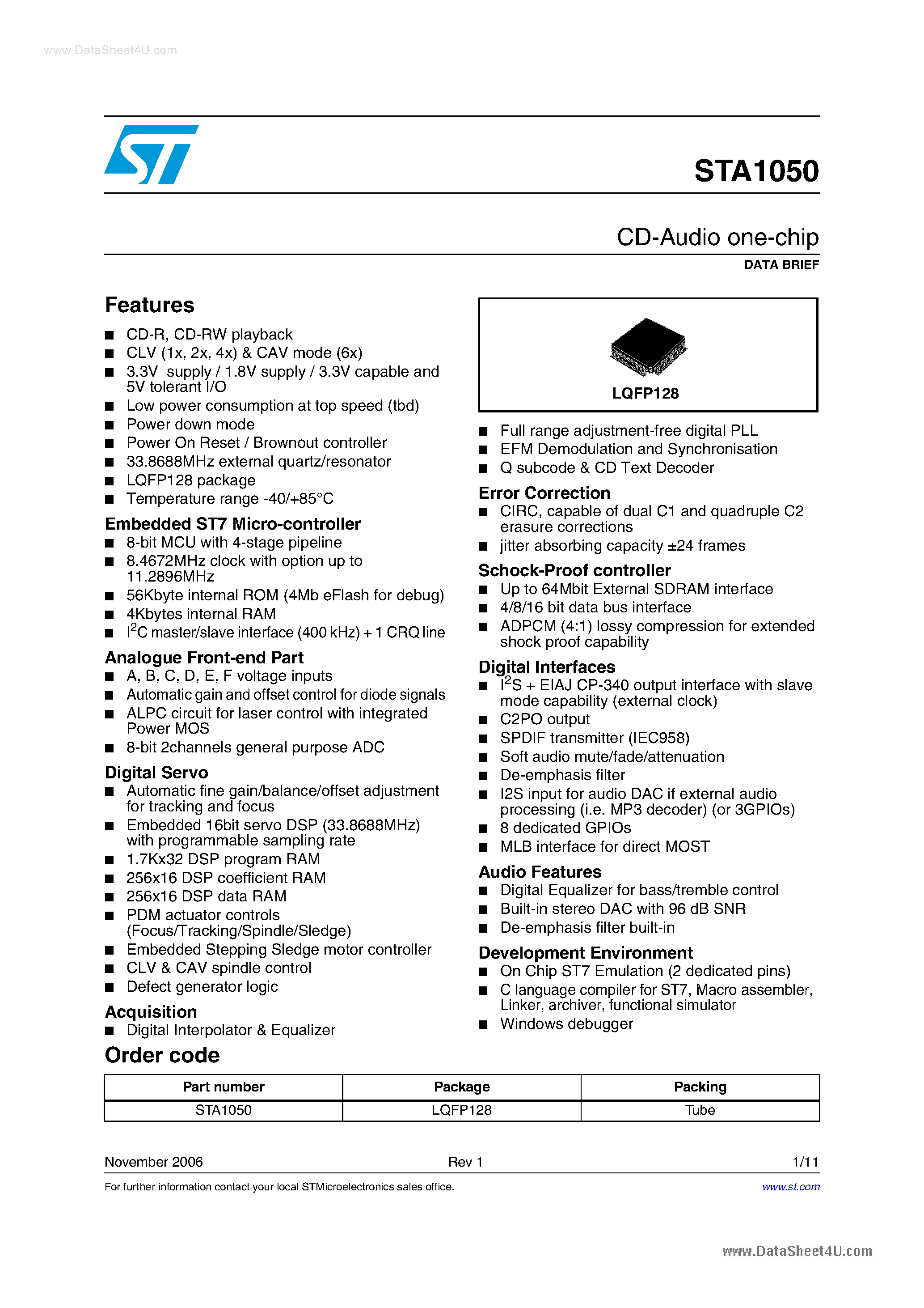 Datasheet STA1050 - CD-Audio one-chip page 1