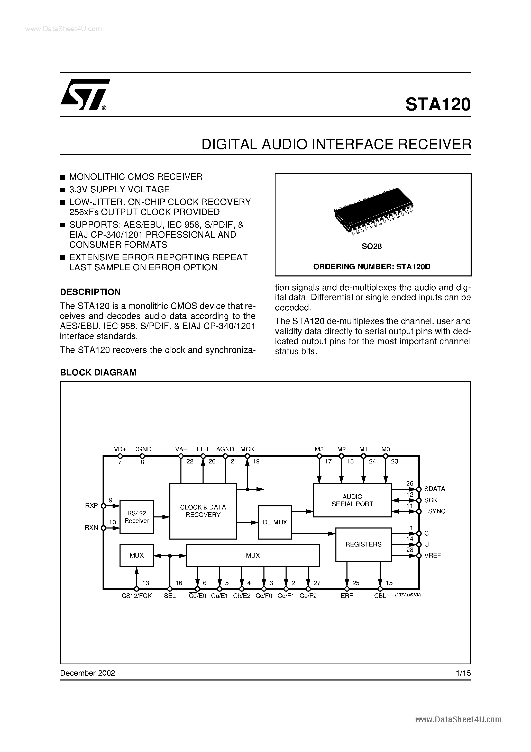 Datasheet STA120 - DIGITAL AUDIO INTERFACE RECEIVER page 1