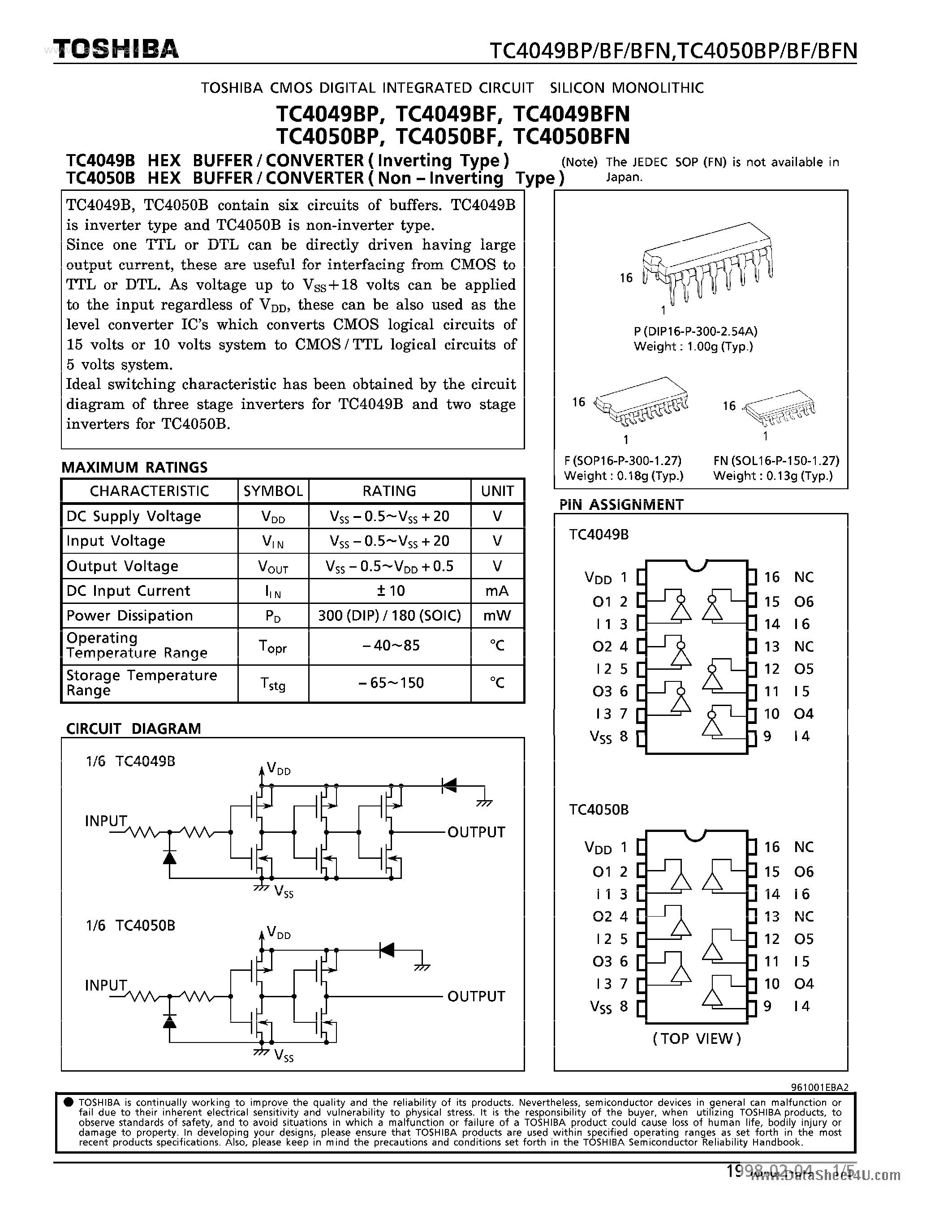 Даташит TC4049BF - (TC40xxxx) HEX BUFFER/CONVERTER страница 1