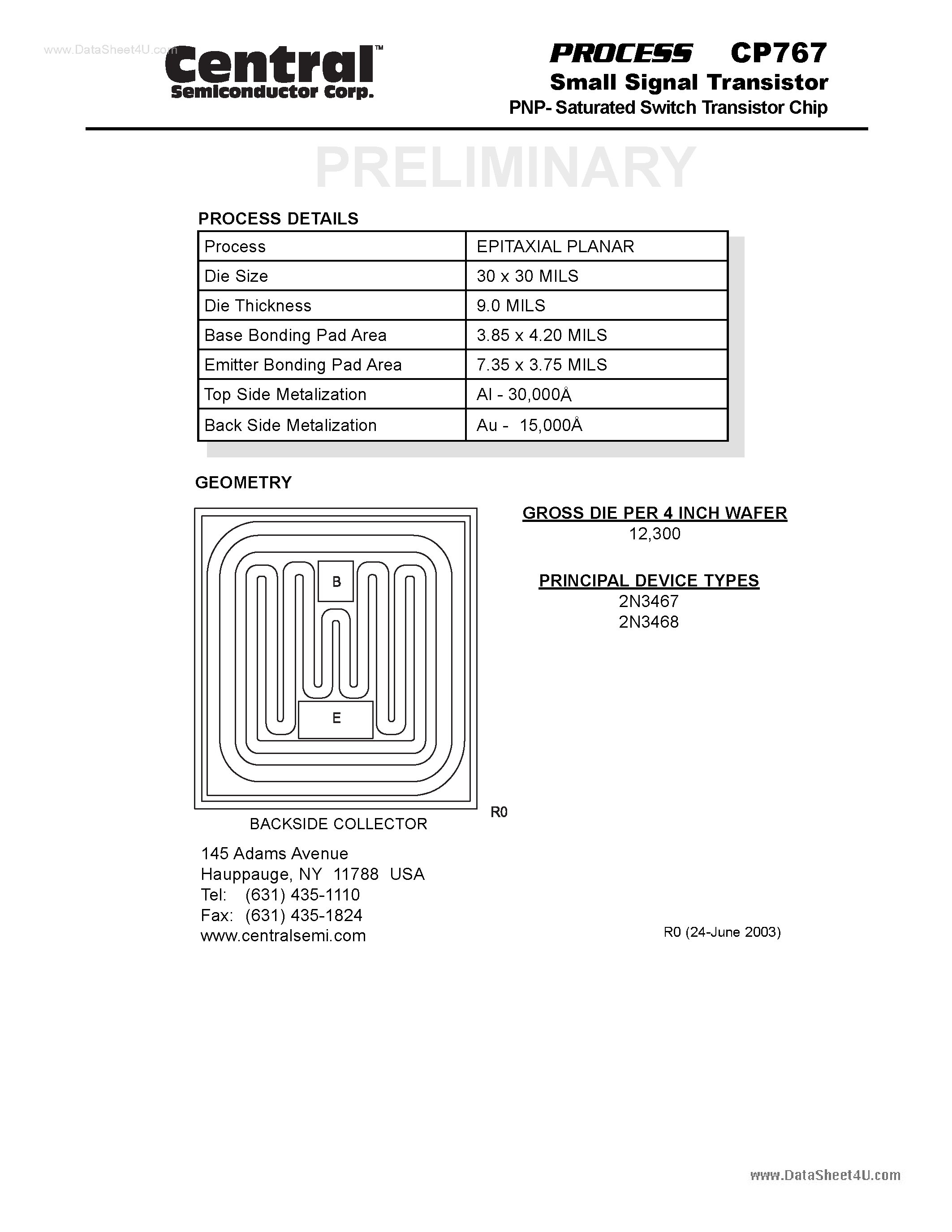 Даташит CP767 - Small Signal Transistor PNP- Saturated Switch Transistor Chip страница 1