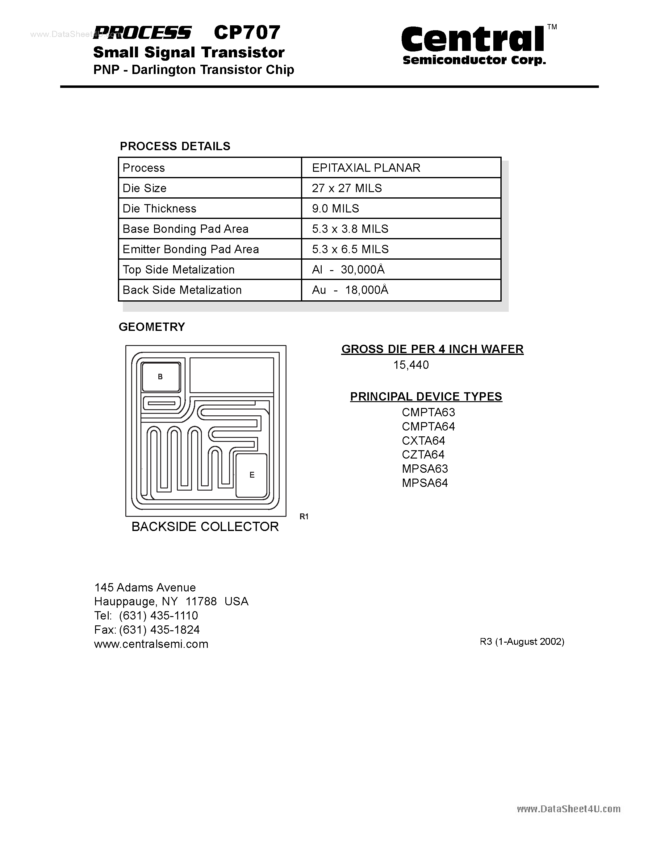 Datasheet CP707 - Small Signal Transistor PNP - Darlington Transistor Chip page 1