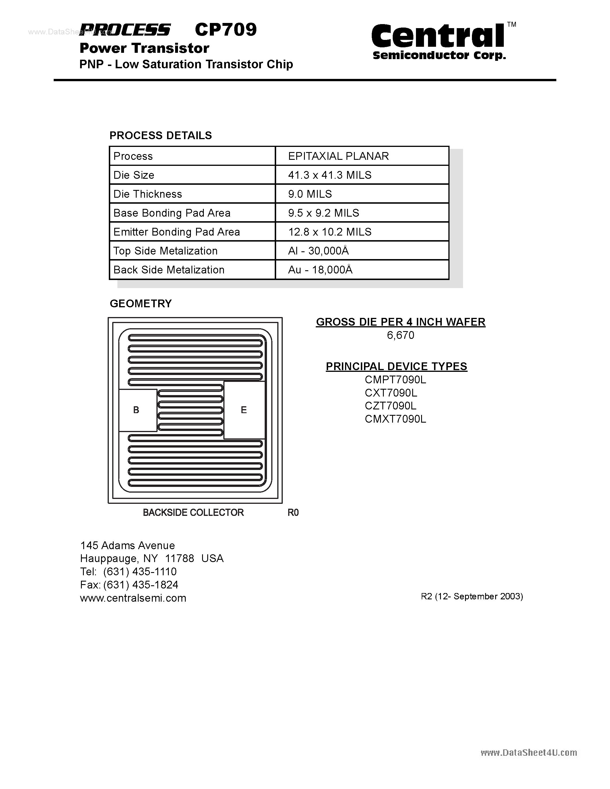 Datasheet CP709 - Power Transistor PNP - Low Saturation Transistor Chip page 1