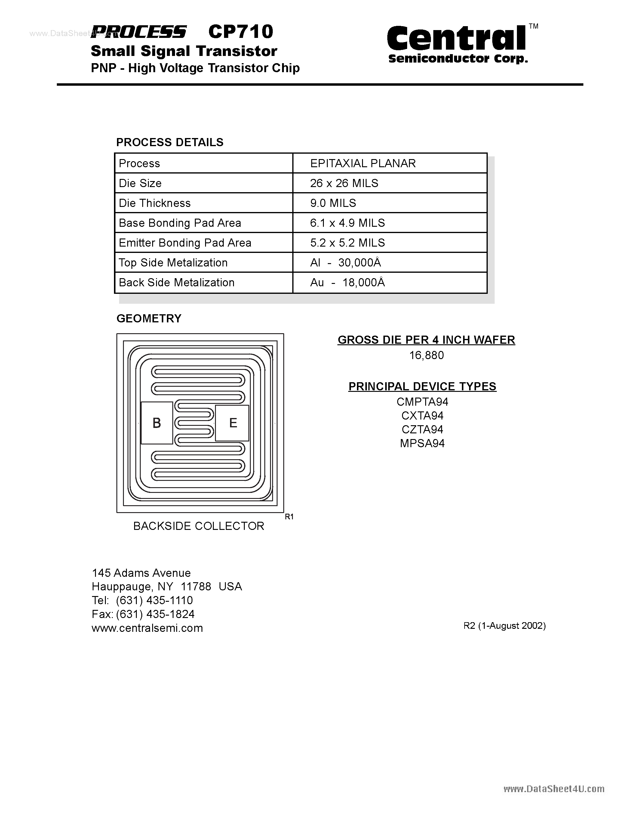 Datasheet CP710 - Small Signal Transistor PNP - High Voltage Transistor Chip page 1