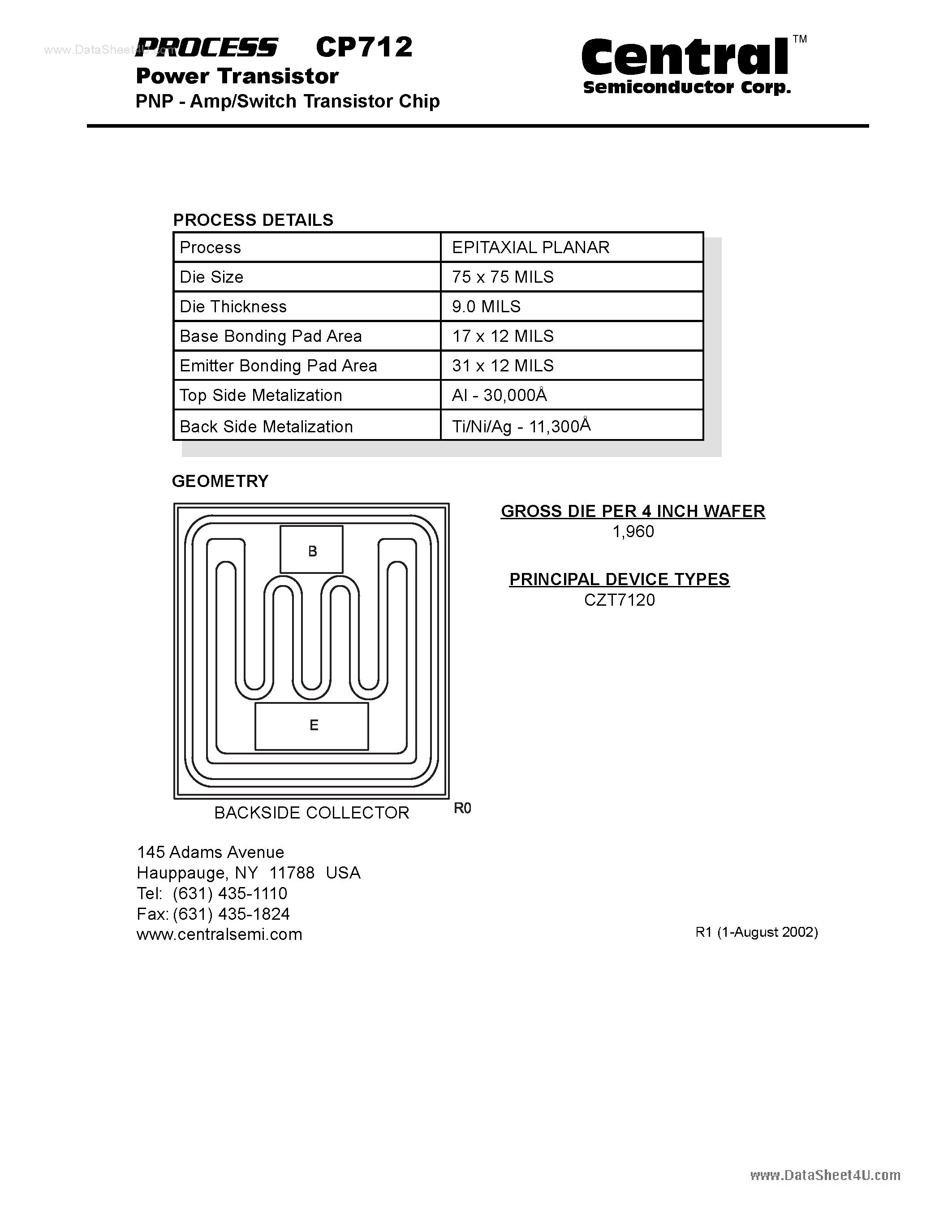 Datasheet CP712 - Power Transistor PNP - Amp/Switch Transistor Chip page 1