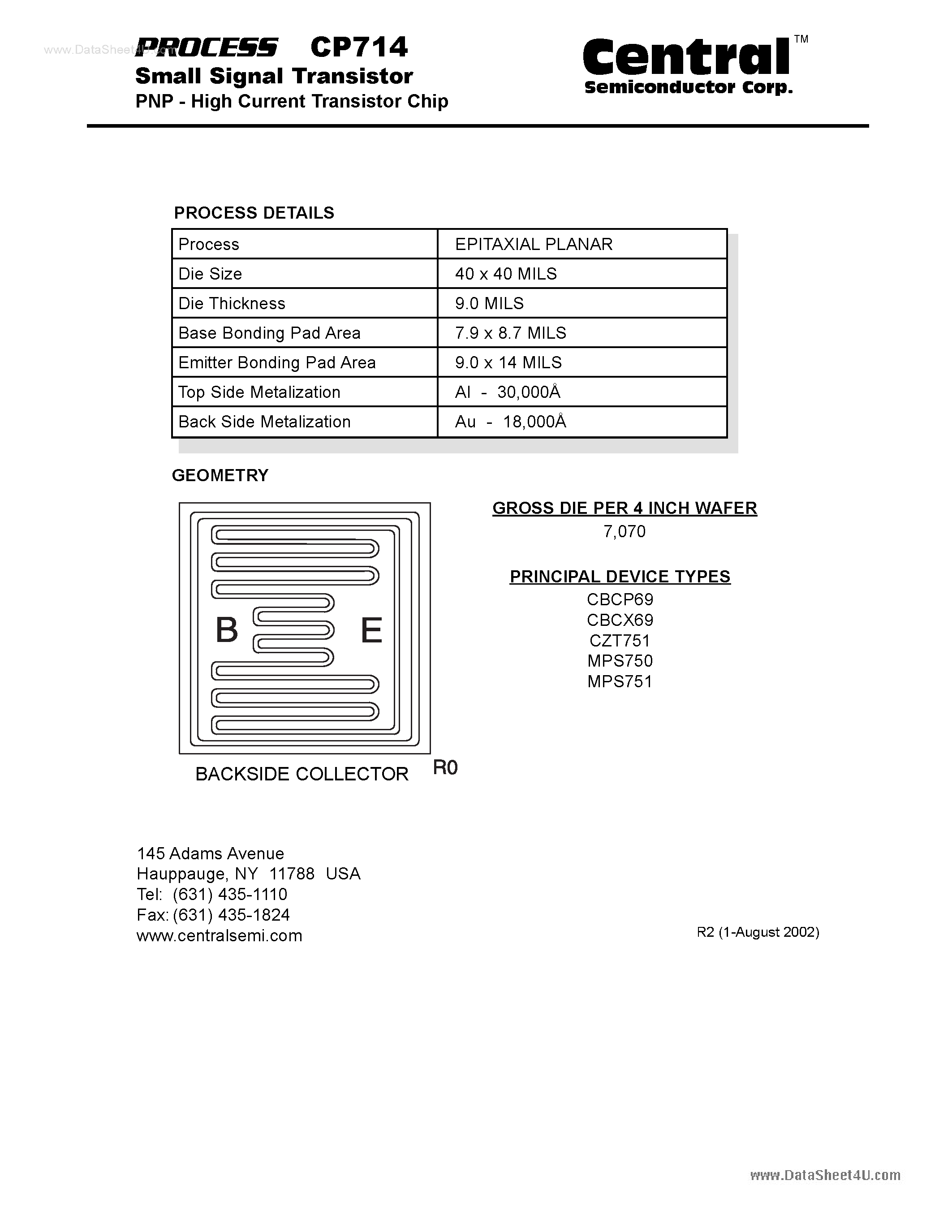 Datasheet CP714 - Small Signal Transistor PNP - High Current Transistor Chip page 1