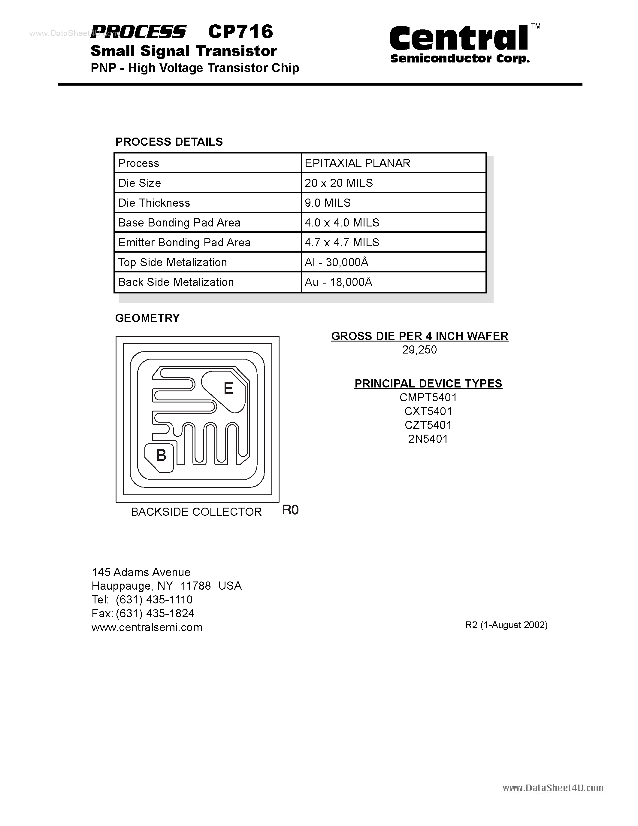 Datasheet CP716 - Small Signal Transistor PNP - High Voltage Transistor Chip page 1