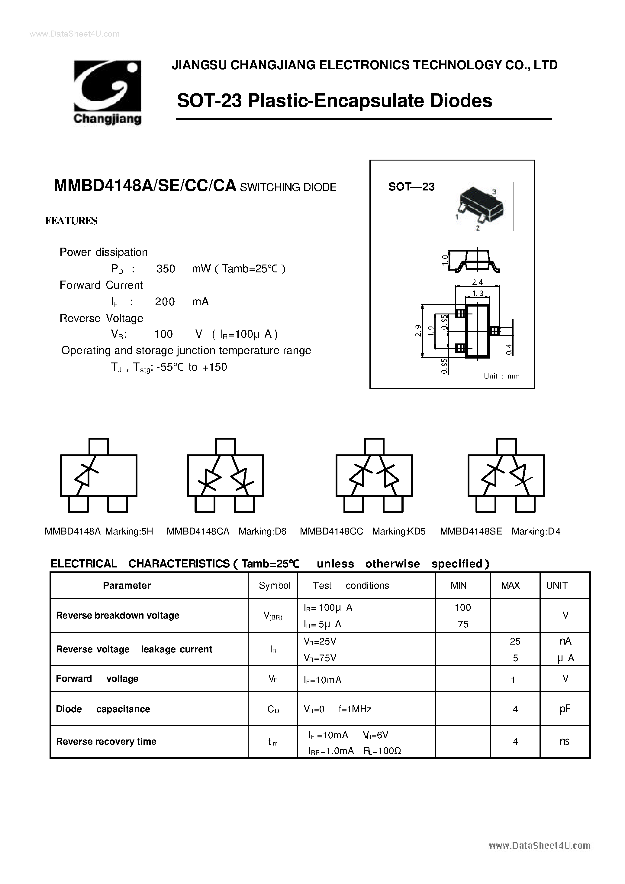 Даташит MMBD4148A - SWITCHING DIODE страница 1