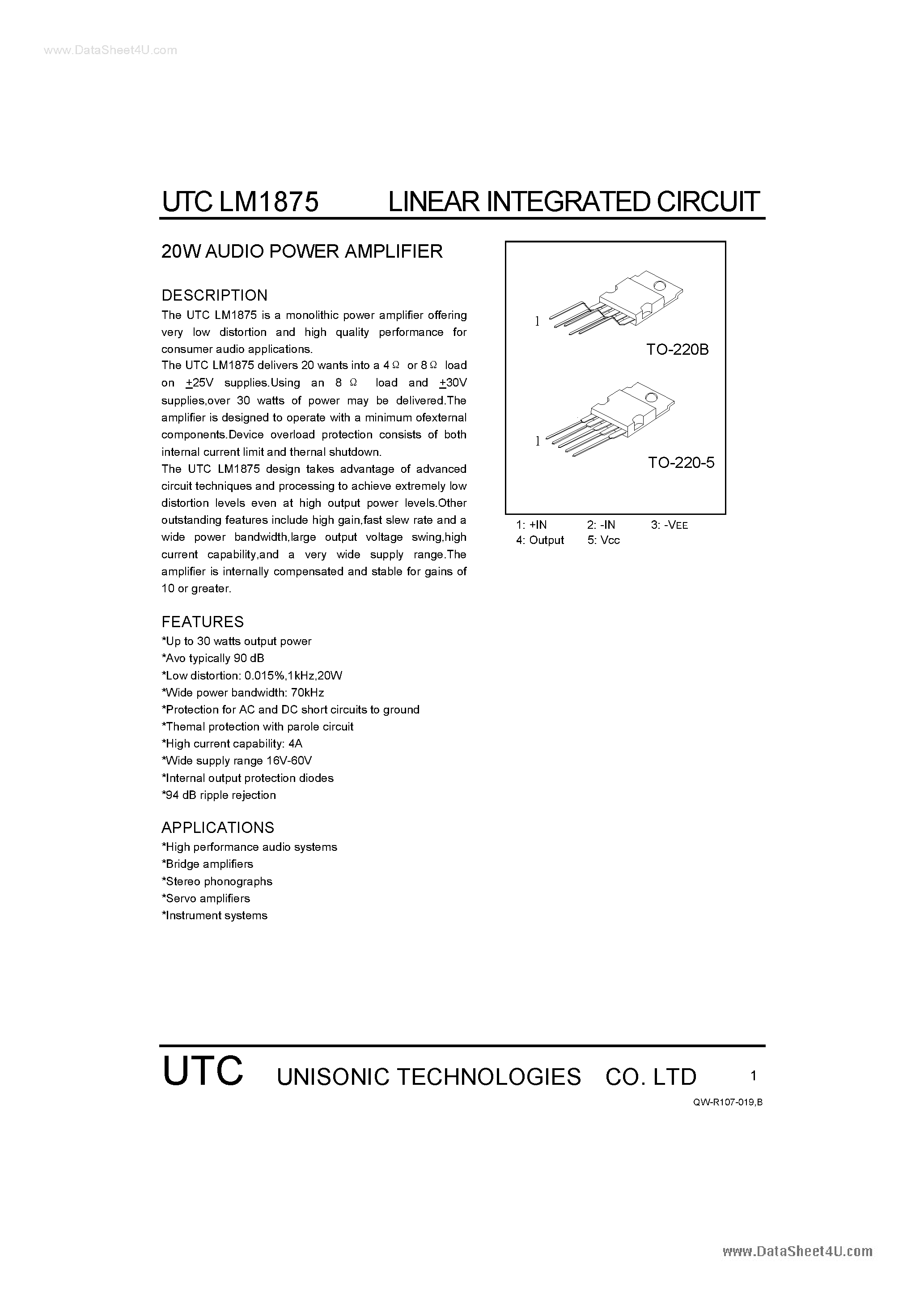 Даташит LM1875 - 20W AUDIO POWER AMPLIFIER страница 1