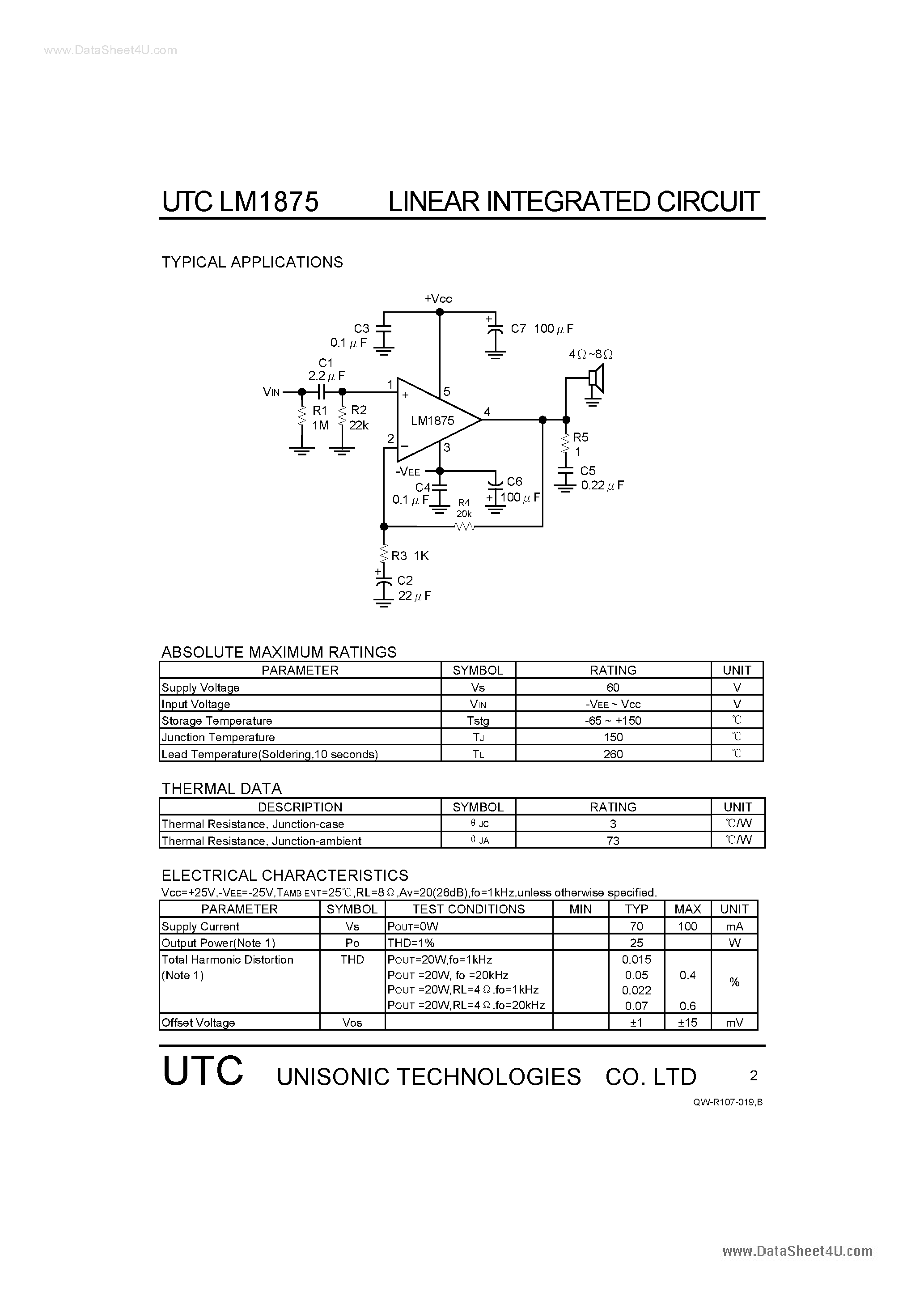 Даташит LM1875 - 20W AUDIO POWER AMPLIFIER страница 2